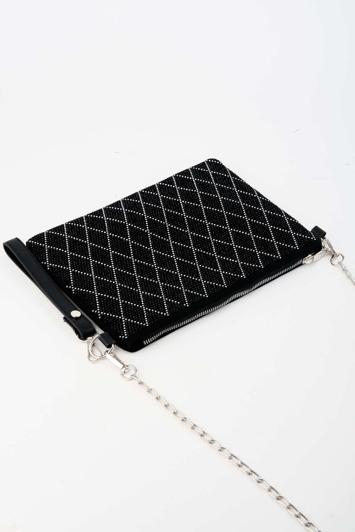 Kadın İnce Baklava Gümüş Taşlı Süet Bilek Askılı Ve Zincir Askılı Portföy El Ve Clutch Çanta