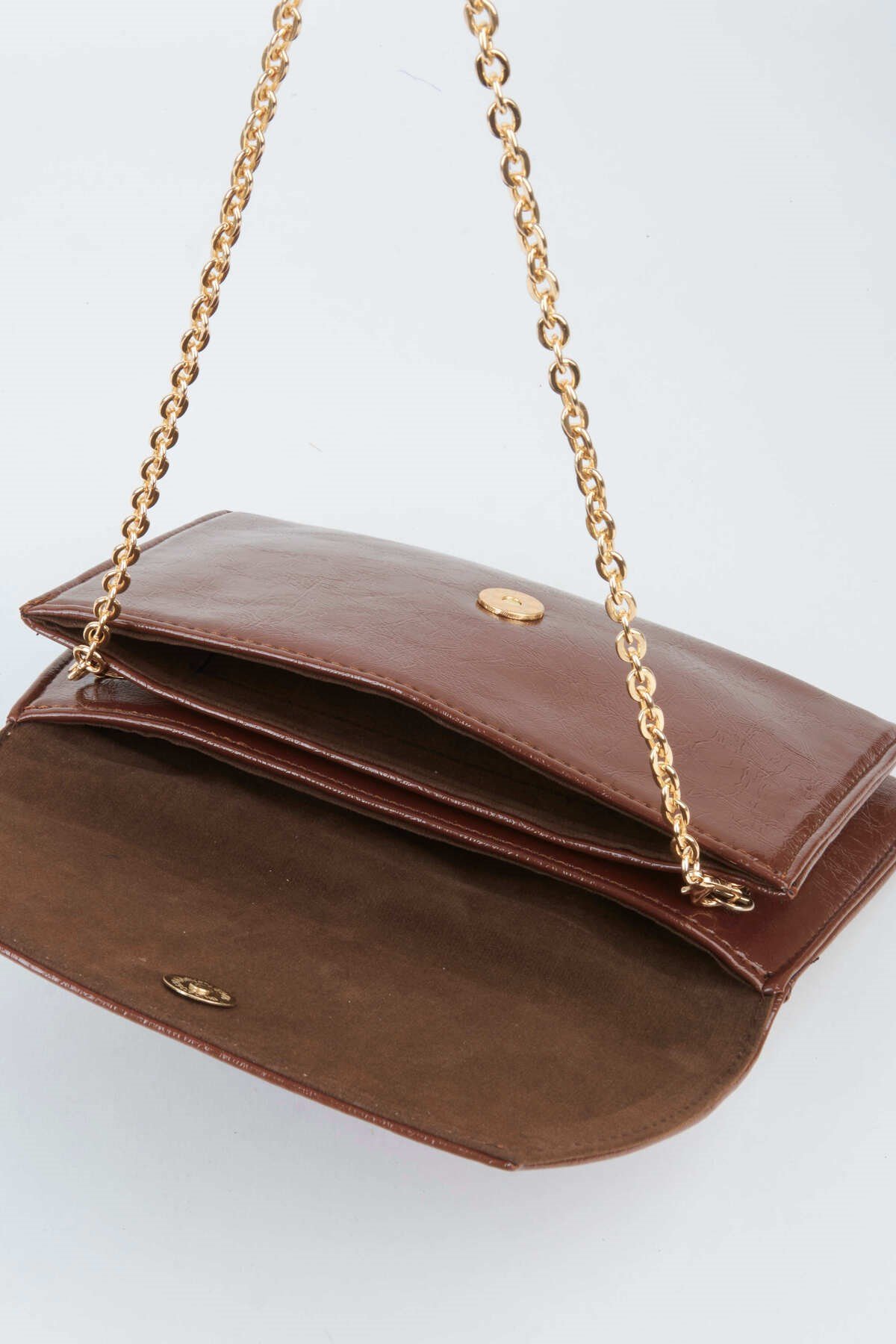 Kadın Kahve Zarf Tasarım 2 Bölmeli Mini Zincir Askılı Çıt Çıt Kapama Clutch Ve El Çantası