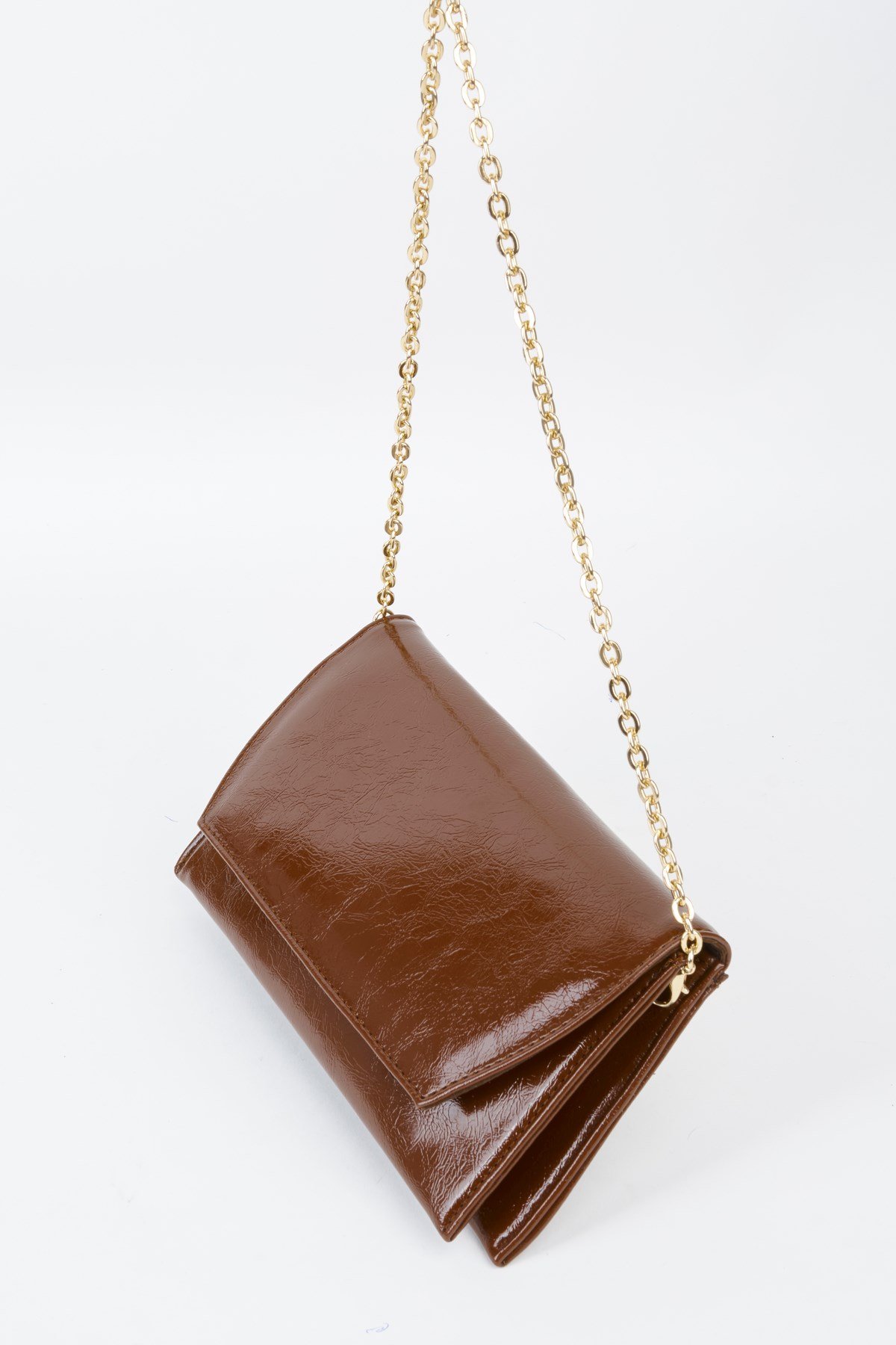 Kadın Kahve Zarf Tasarım 2 Bölmeli Mini Zincir Askılı Çıt Çıt Kapama Clutch Ve El Çantası