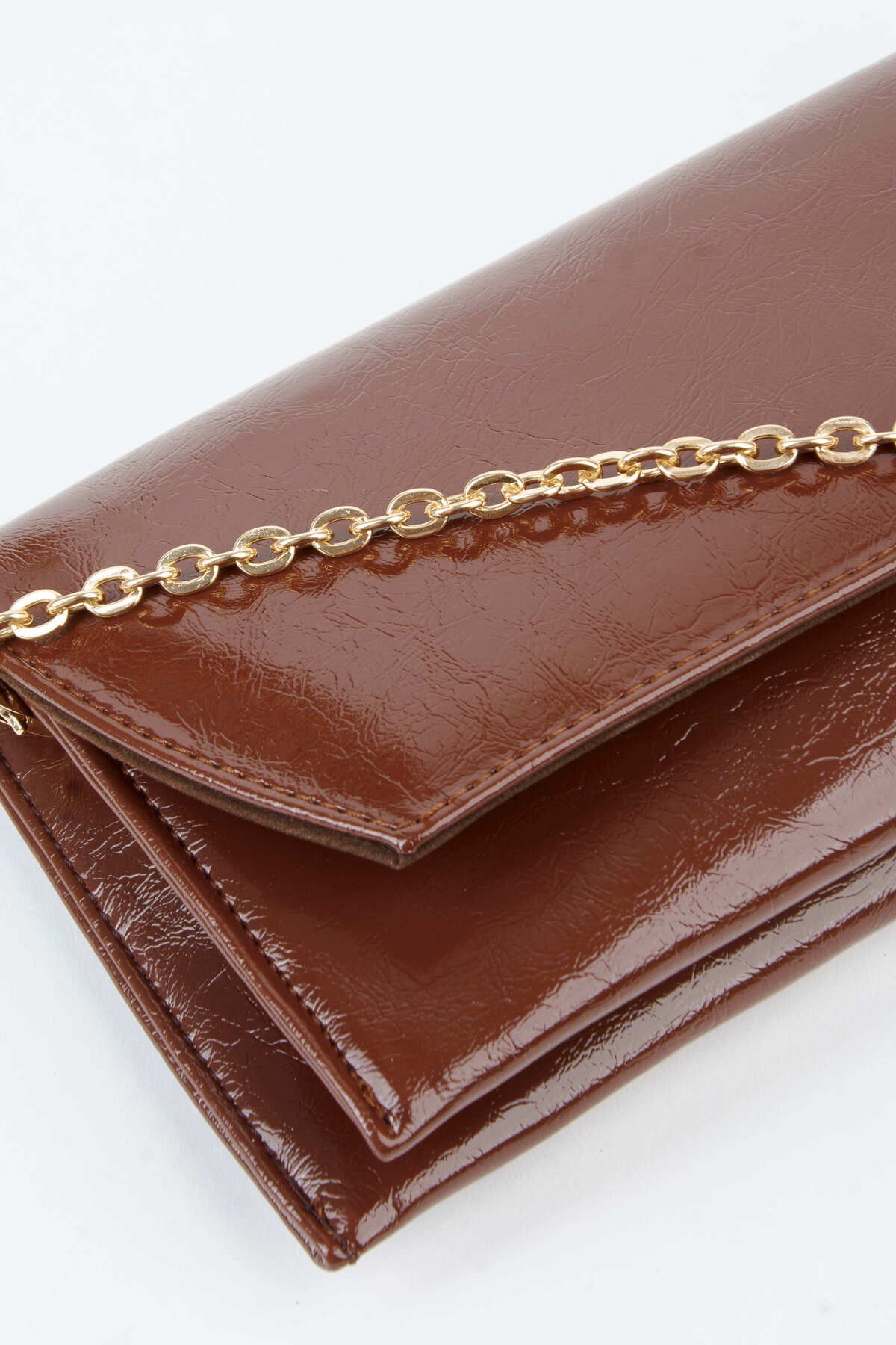 Kadın Kahve Zarf Tasarım 2 Bölmeli Mini Zincir Askılı Çıt Çıt Kapama Clutch Ve El Çantası
