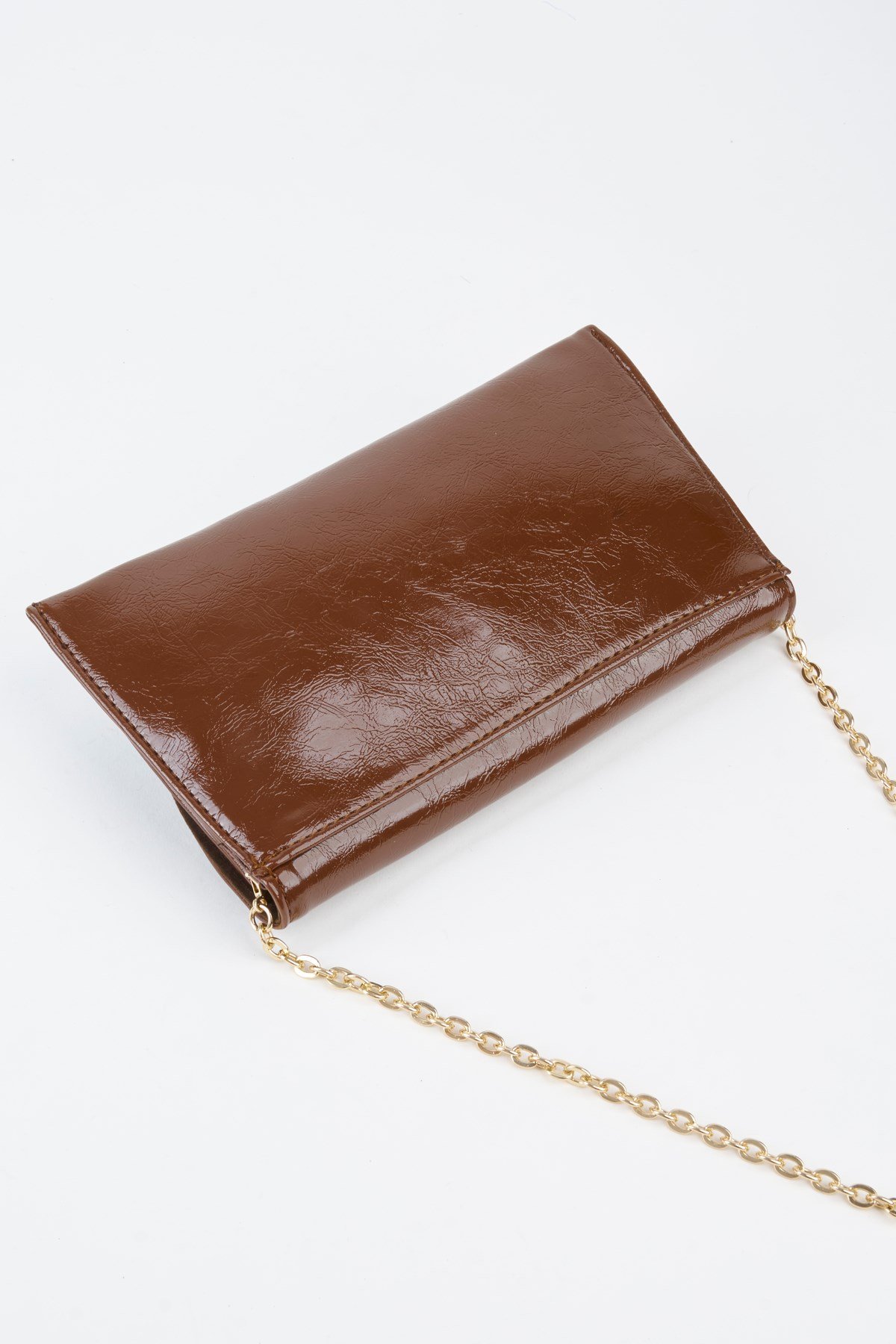 Kadın Kahve Zarf Tasarım 2 Bölmeli Mini Zincir Askılı Çıt Çıt Kapama Clutch Ve El Çantası