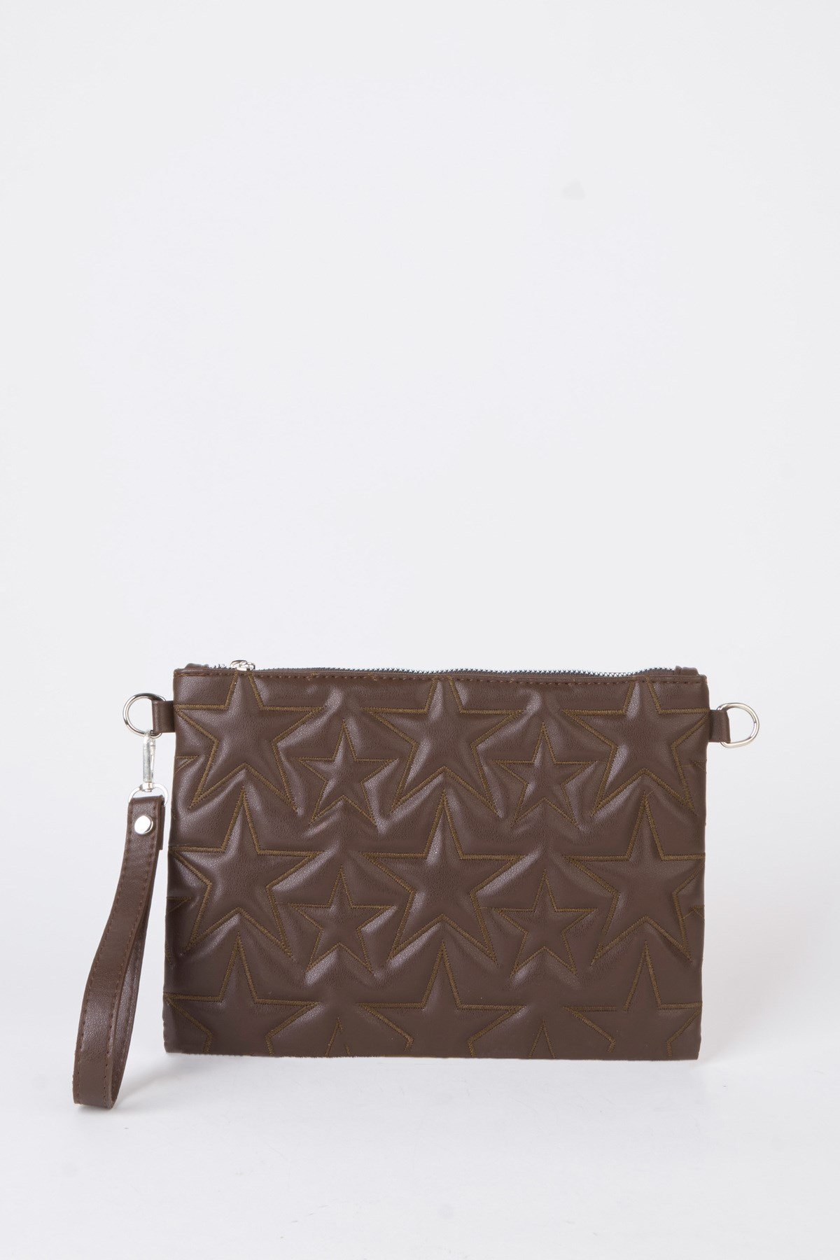 Kadın Kahverengi Yıldız Nakışlı Suni Deri Bilek Ve Zincir Askılı Portföy El Ve Clutch Çanta