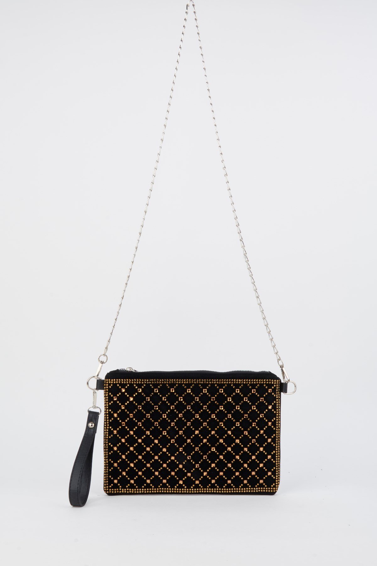 Kadın Kapitone Altın Taşlı Süet Bilek Askılı Ve Zincir Askılı Portföy El Ve Clutch Çanta