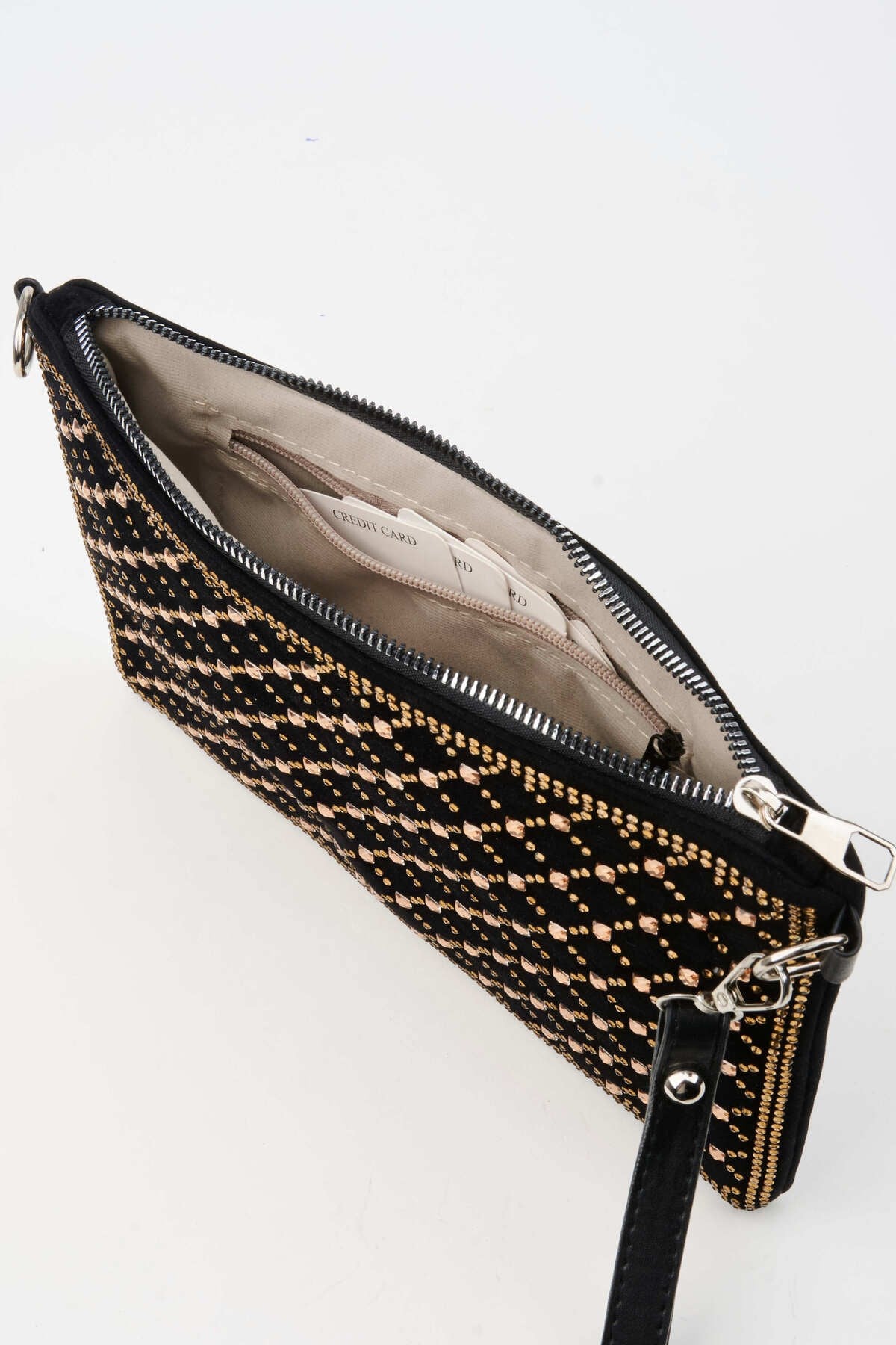Kadın Kapitone Altın Taşlı Süet Bilek Askılı Ve Zincir Askılı Portföy El Ve Clutch Çanta