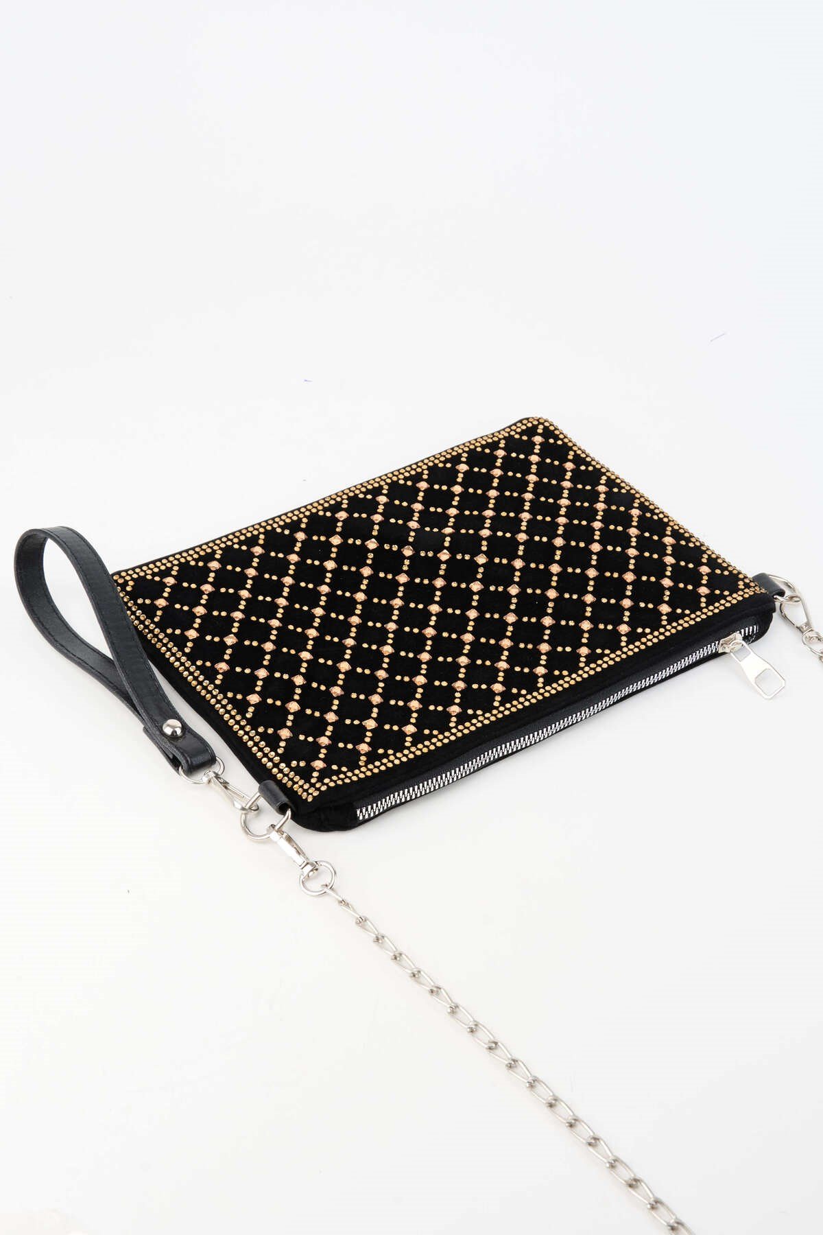 Kadın Kapitone Altın Taşlı Süet Bilek Askılı Ve Zincir Askılı Portföy El Ve Clutch Çanta