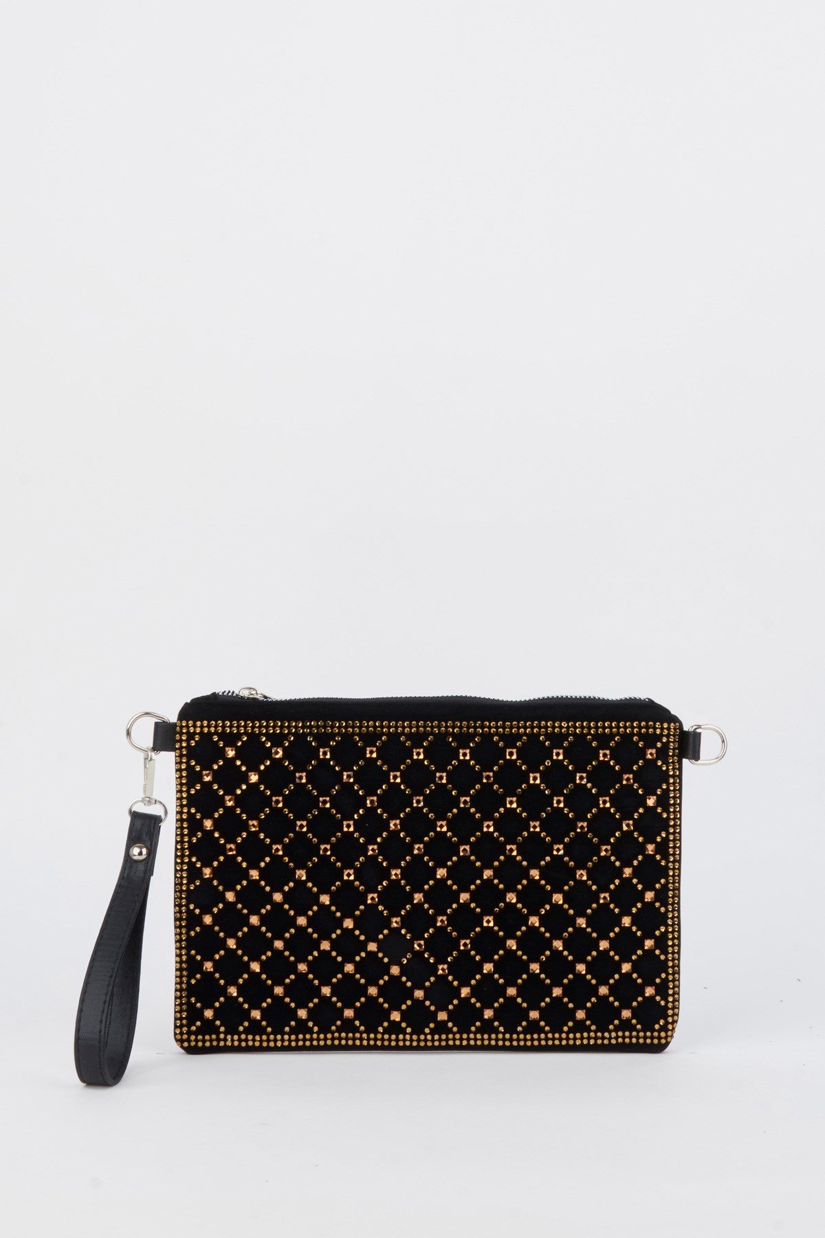 Kadın Kapitone Altın Taşlı Süet Bilek Askılı Ve Zincir Askılı Portföy El Ve Clutch Çanta