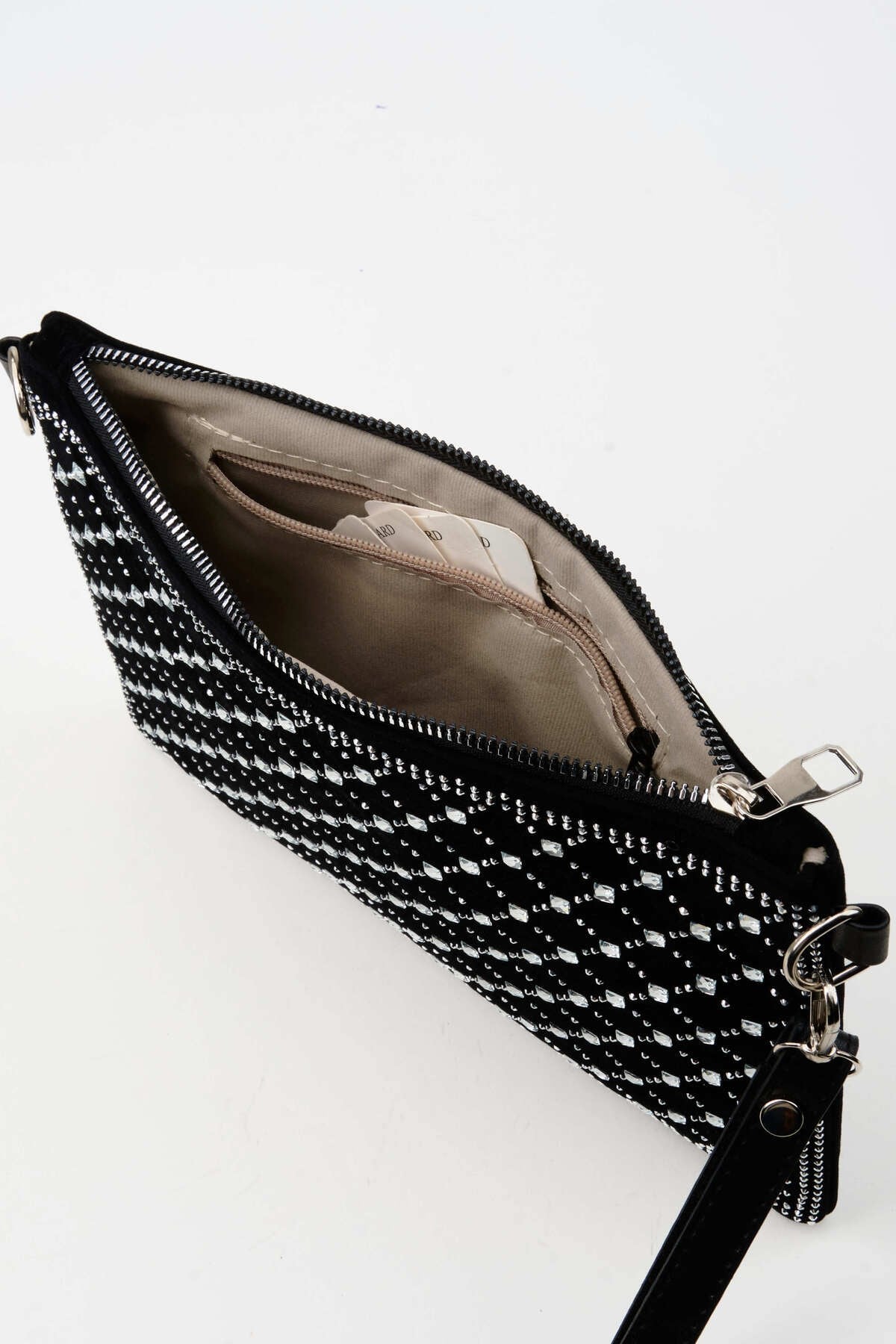 Kadın Kapitone Gümüş Taşlı Süet Bilek Askılı Ve Zincir Askılı Portföy El Ve Clutch Çanta