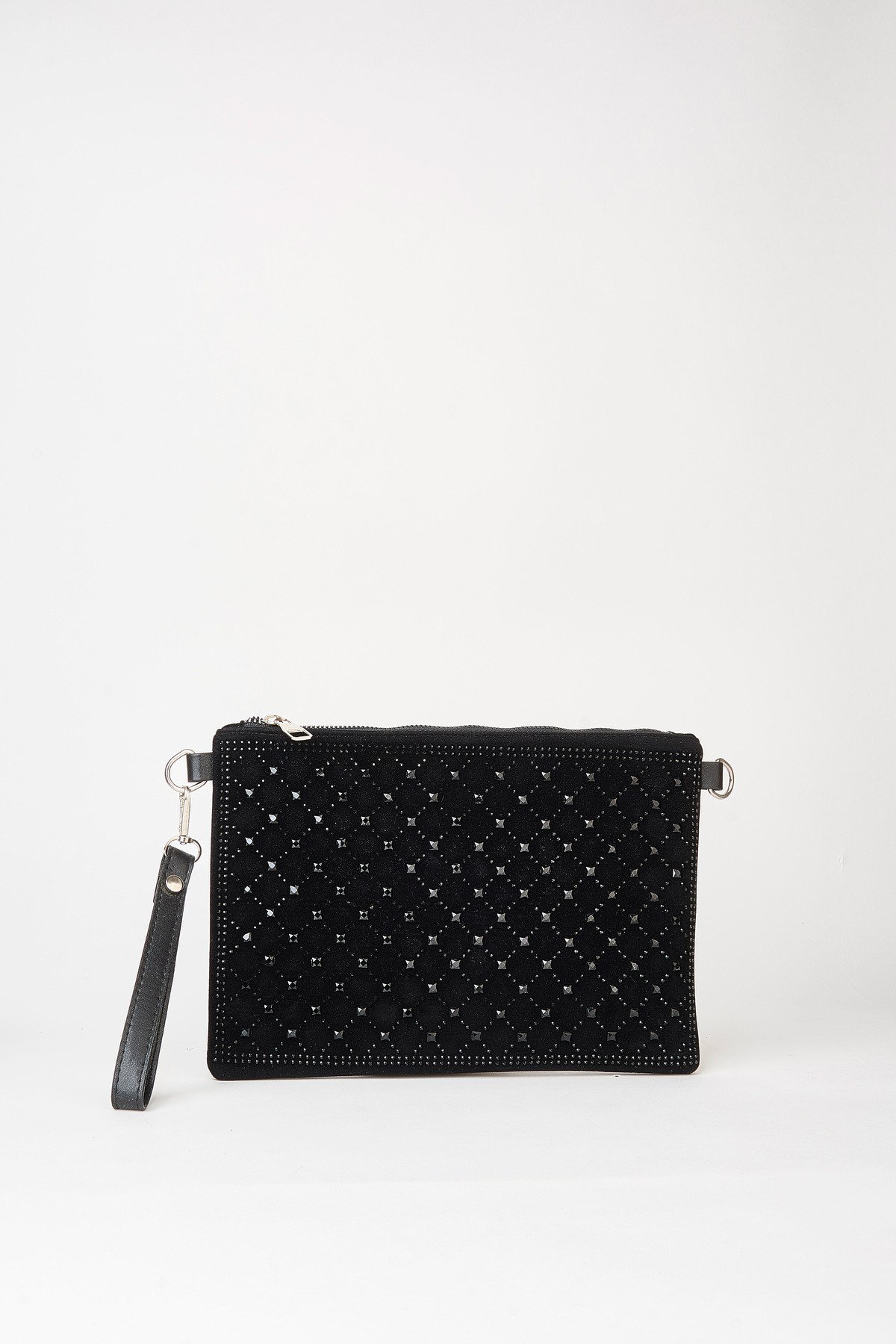 Kadın Kapitone Siyah Taşlı Süet Bilek Askılı Ve Zincir Askılı Portföy El Ve Clutch Çanta