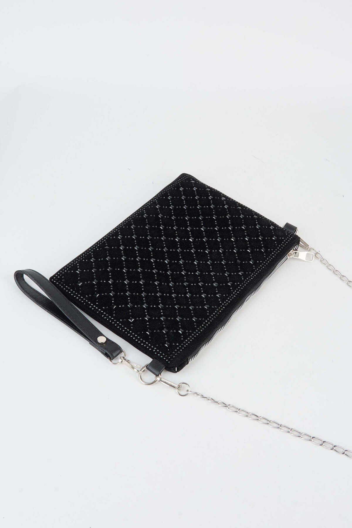 Kadın Kapitone Siyah Taşlı Süet Bilek Askılı Ve Zincir Askılı Portföy El Ve Clutch Çanta