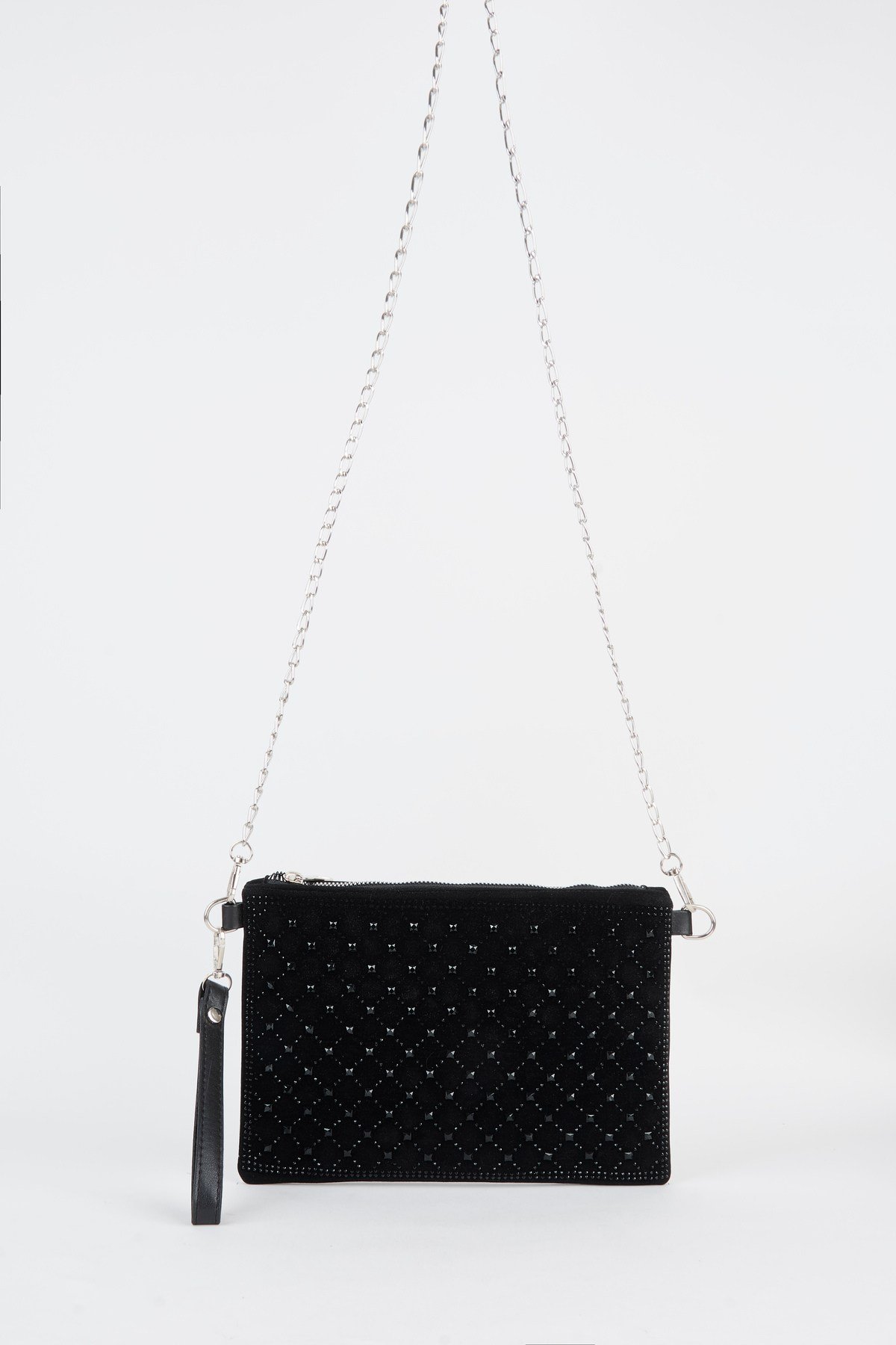 Kadın Kapitone Siyah Taşlı Süet Bilek Askılı Ve Zincir Askılı Portföy El Ve Clutch Çanta