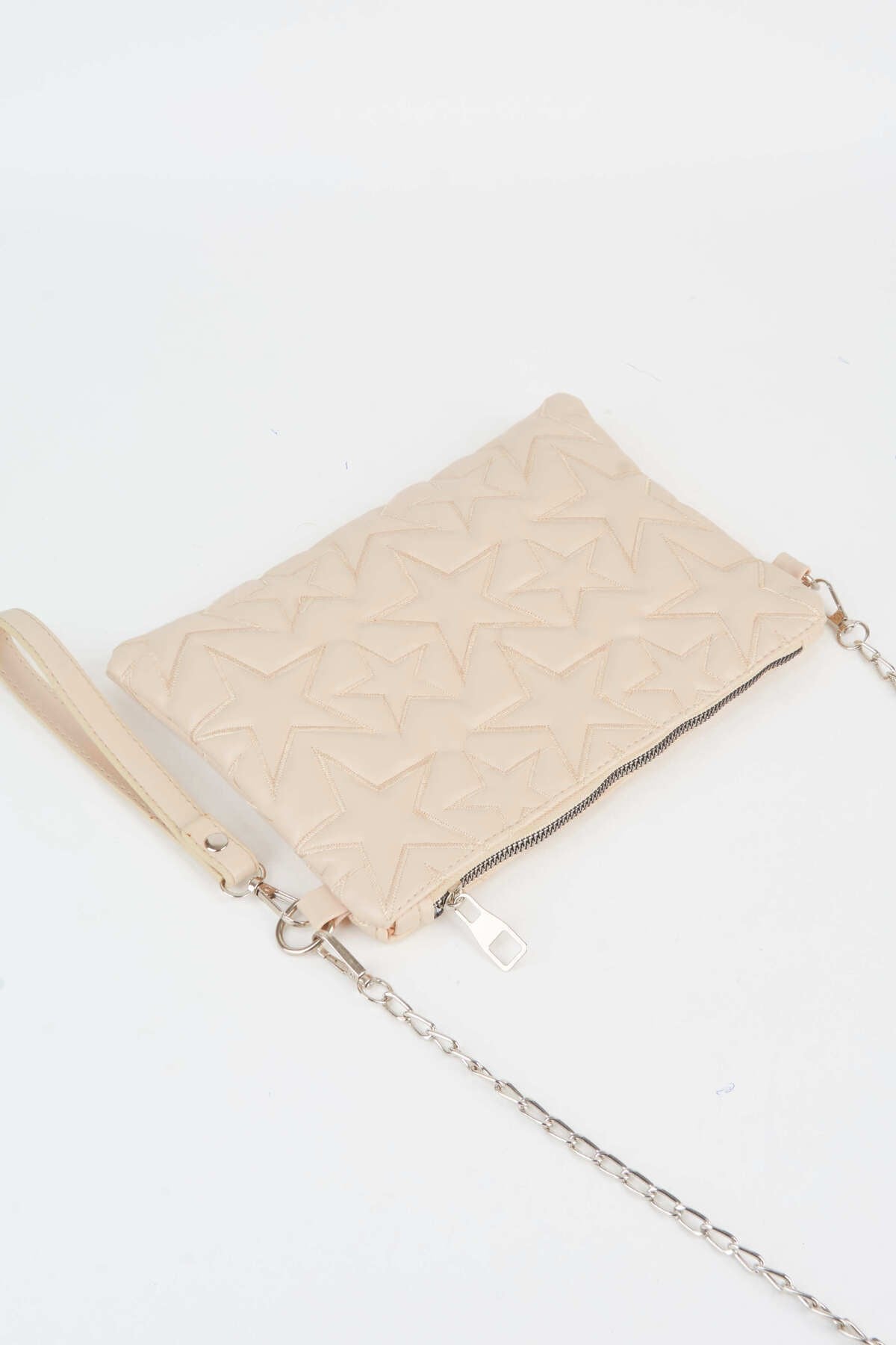 Kadın Krem Yıldız Nakışlı Suni Deri Bilek Ve Zincir Askılı Portföy El Ve Clutch Çanta