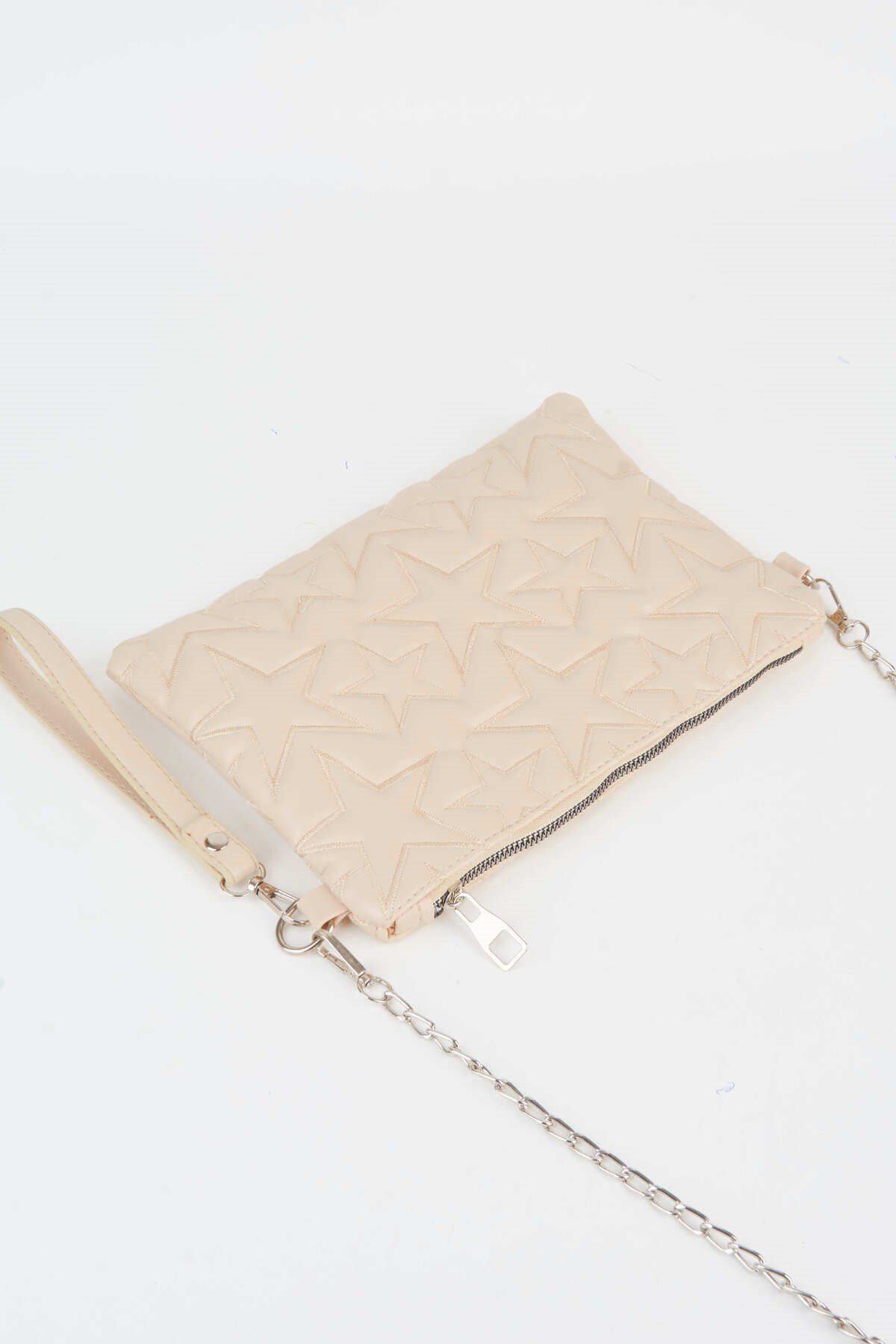 Kadın Krem Yıldız Nakışlı Suni Deri Bilek Ve Zincir Askılı Portföy El Ve Clutch Çanta