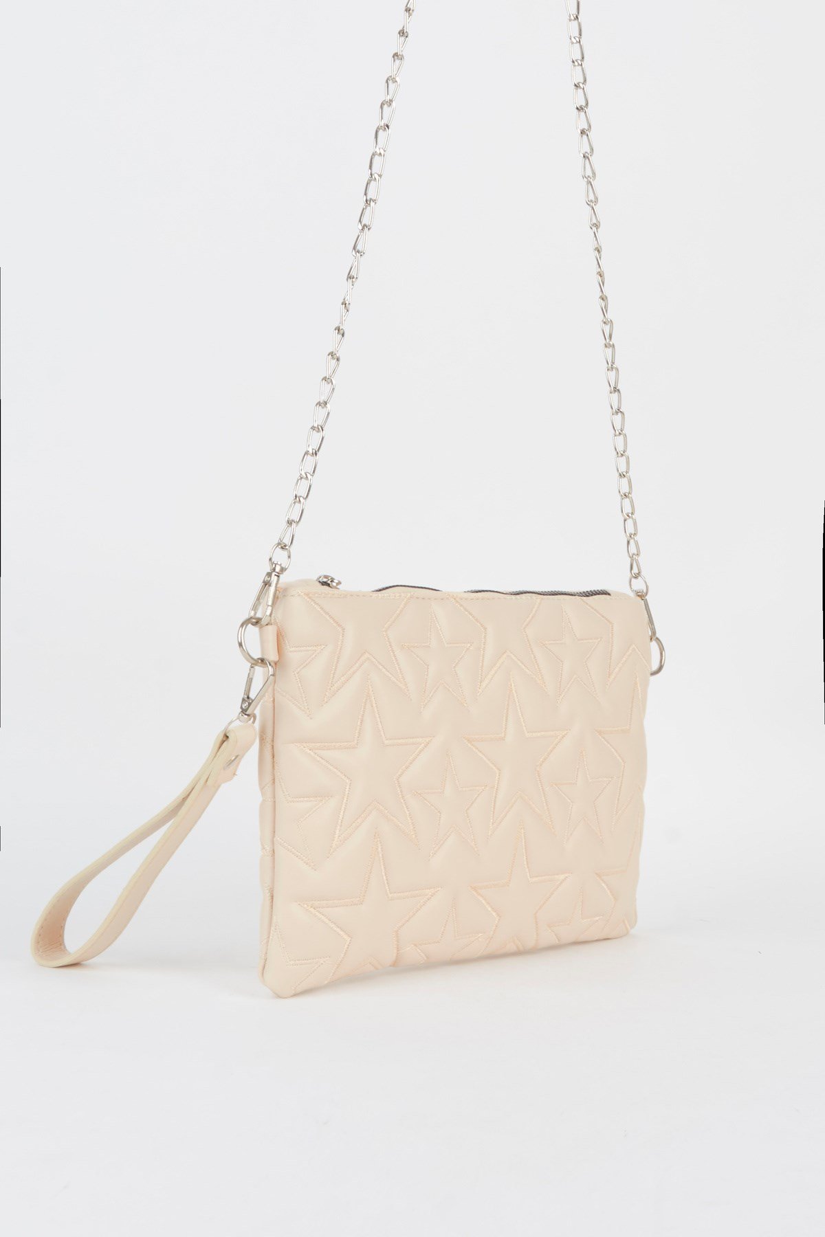 Kadın Krem Yıldız Nakışlı Suni Deri Bilek Ve Zincir Askılı Portföy El Ve Clutch Çanta