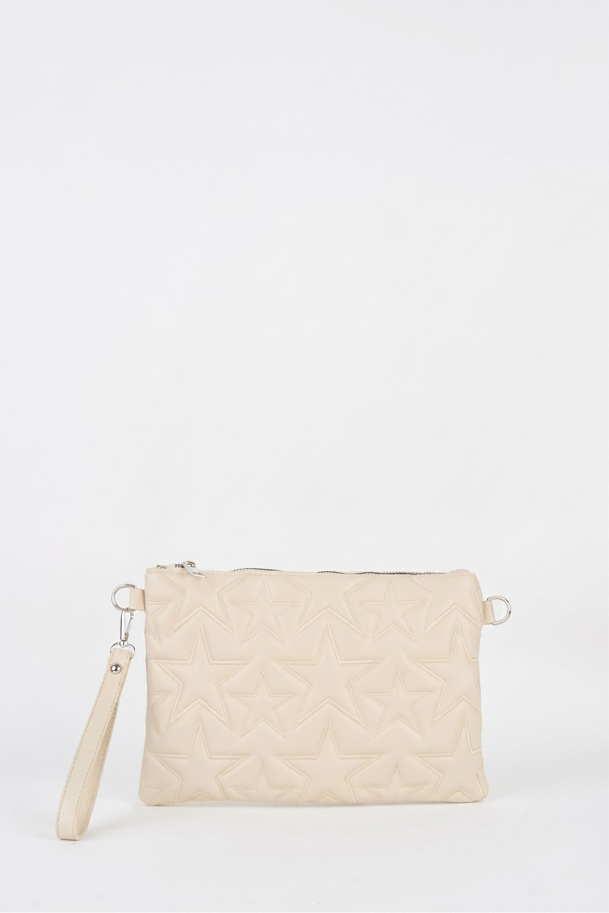Kadın Krem Yıldız Nakışlı Suni Deri Bilek Ve Zincir Askılı Portföy El Ve Clutch Çanta