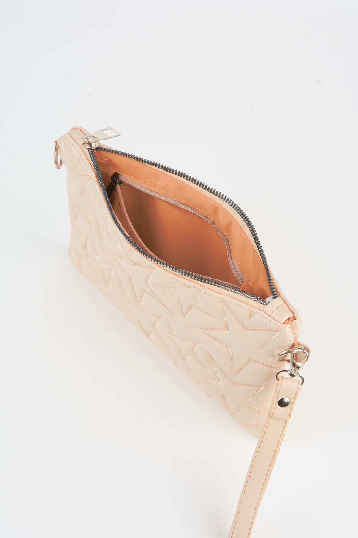 Kadın Krem Yıldız Nakışlı Suni Deri Bilek Ve Zincir Askılı Portföy El Ve Clutch Çanta