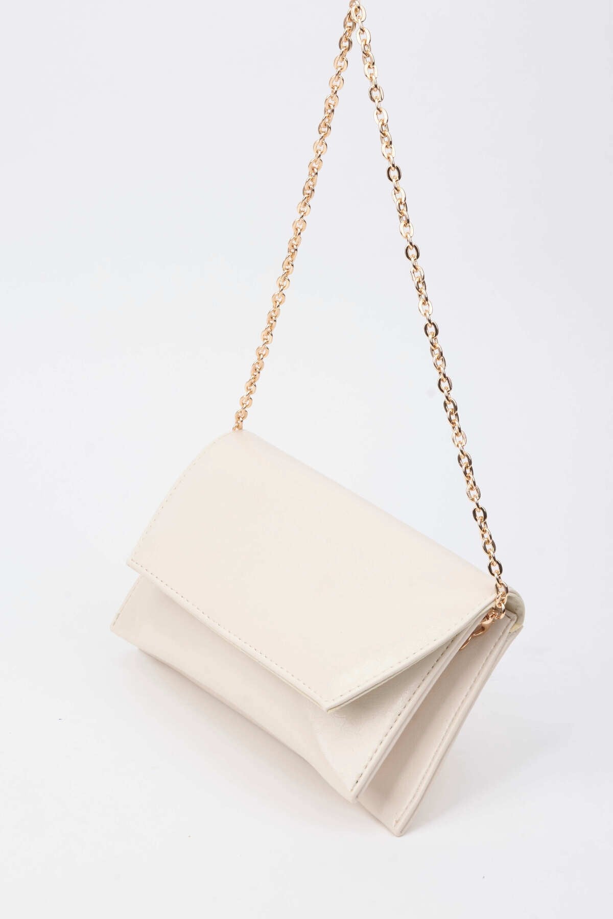 Kadın Krem Zarf Tasarım 2 Bölmeli Mini Zincir Askılı Çıt Çıt Kapama Clutch Ve El Çantası