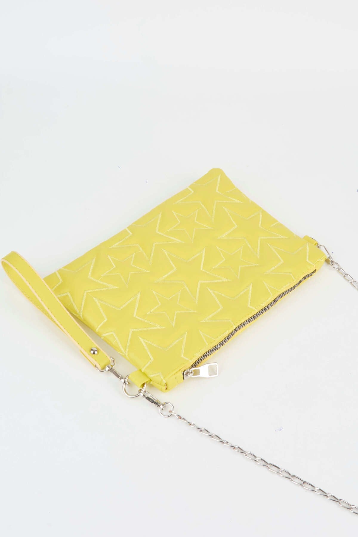 Kadın Neon Sarı Yıldız Nakışlı Suni Deri Bilek Ve Zincir Askılı Portföy El Ve Clutch Çanta