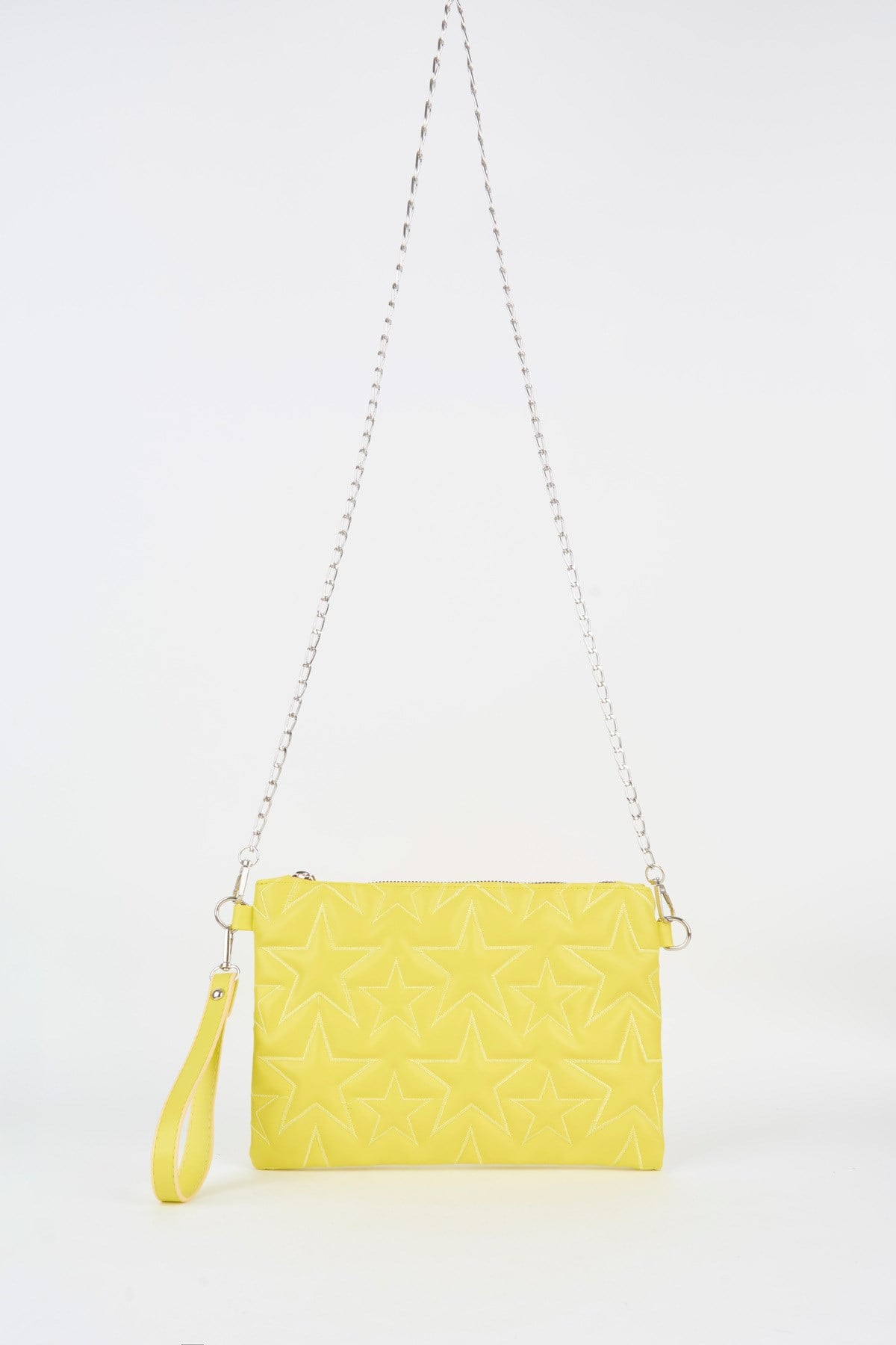 Kadın Neon Sarı Yıldız Nakışlı Suni Deri Bilek Ve Zincir Askılı Portföy El Ve Clutch Çanta