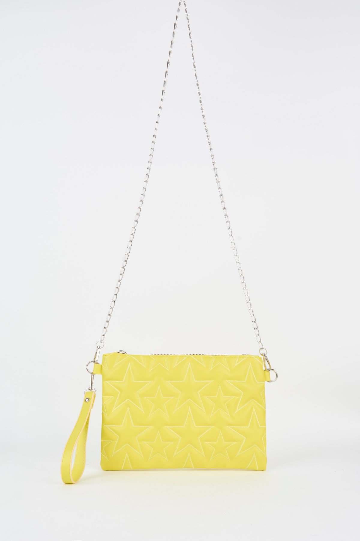 Kadın Neon Sarı Yıldız Nakışlı Suni Deri Bilek Ve Zincir Askılı Portföy El Ve Clutch Çanta