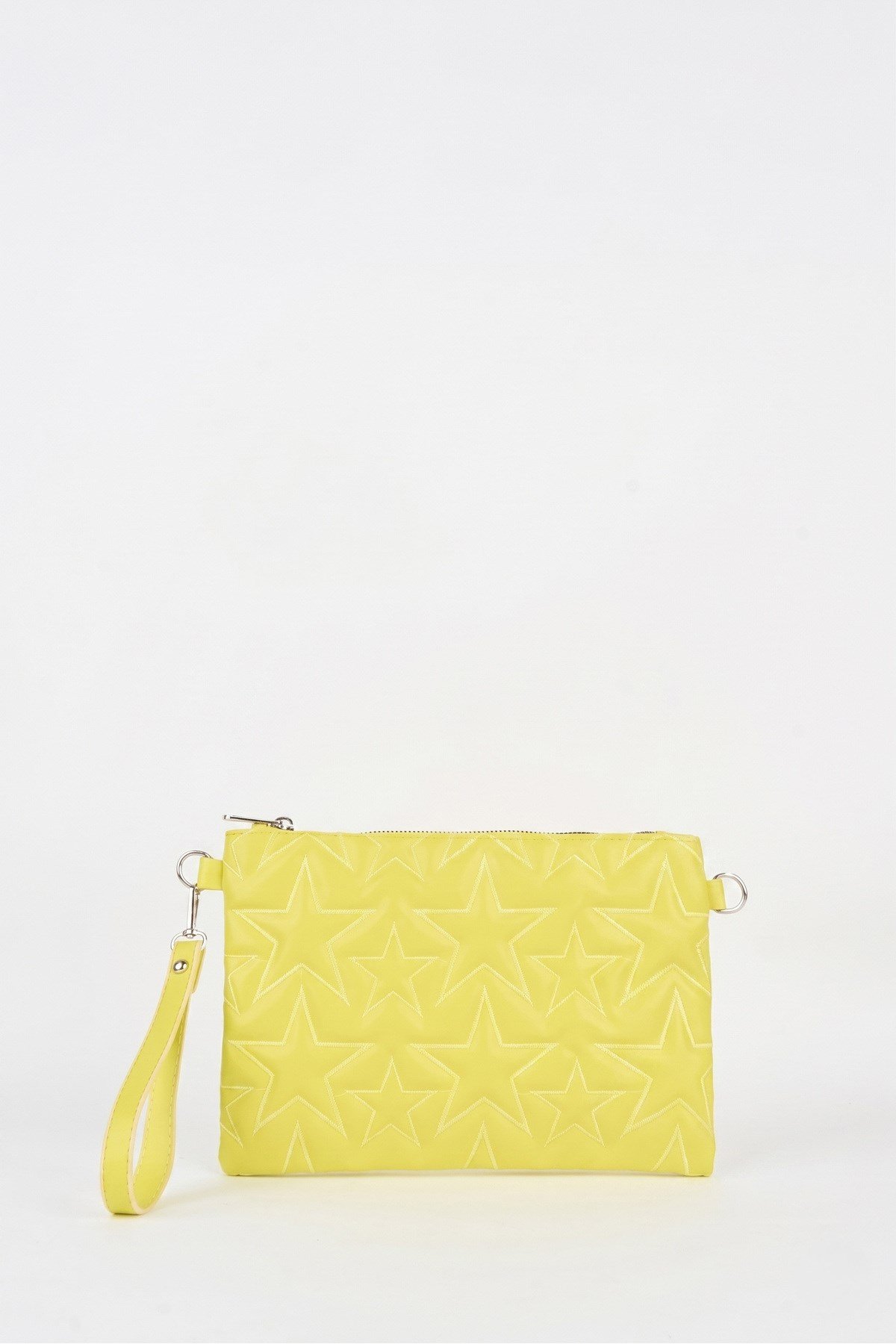 Kadın Neon Sarı Yıldız Nakışlı Suni Deri Bilek Ve Zincir Askılı Portföy El Ve Clutch Çanta