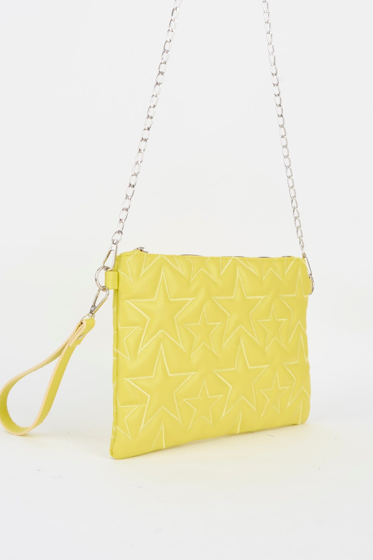 Kadın Neon Sarı Yıldız Nakışlı Suni Deri Bilek Ve Zincir Askılı Portföy El Ve Clutch Çanta