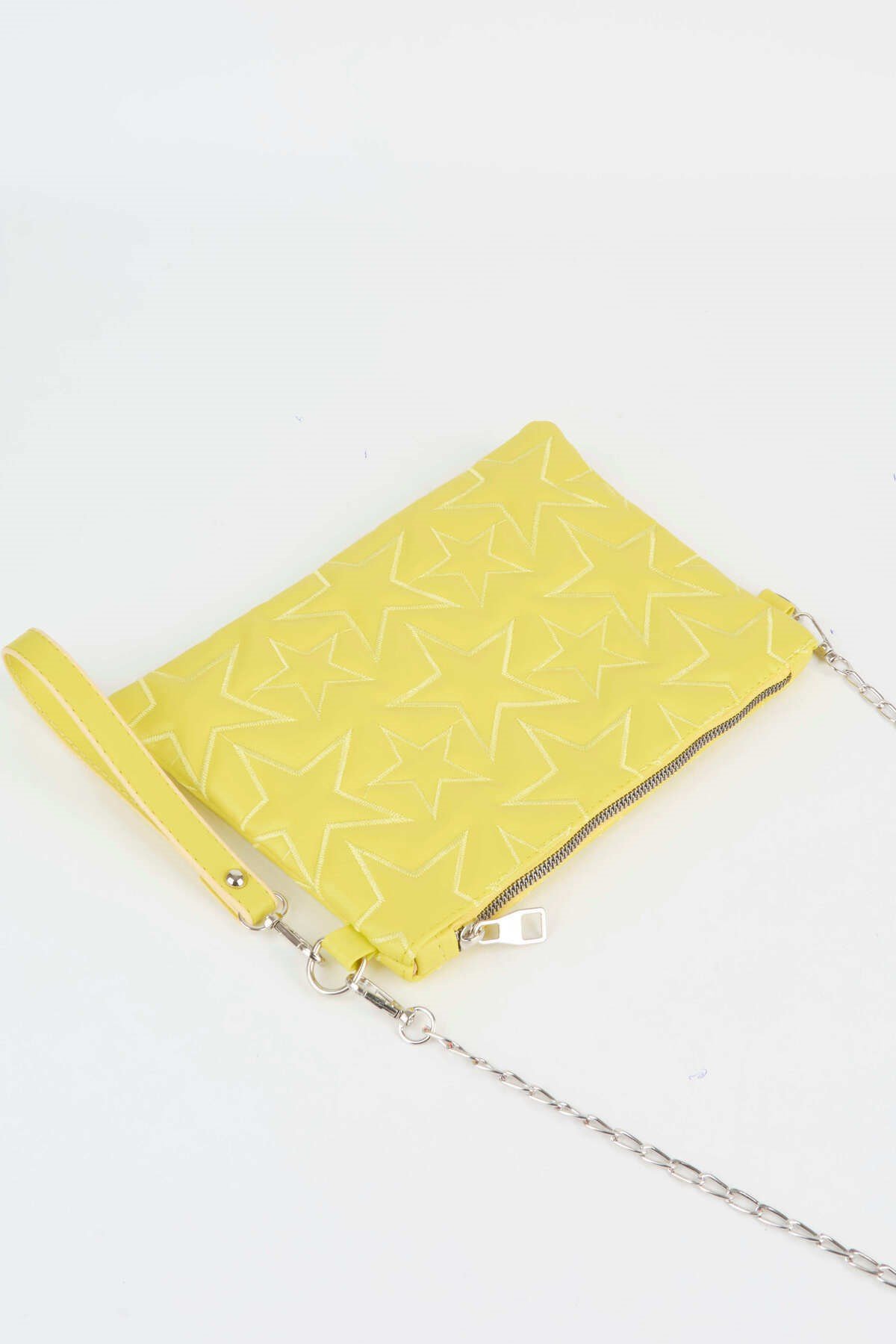 Kadın Neon Sarı Yıldız Nakışlı Suni Deri Bilek Ve Zincir Askılı Portföy El Ve Clutch Çanta