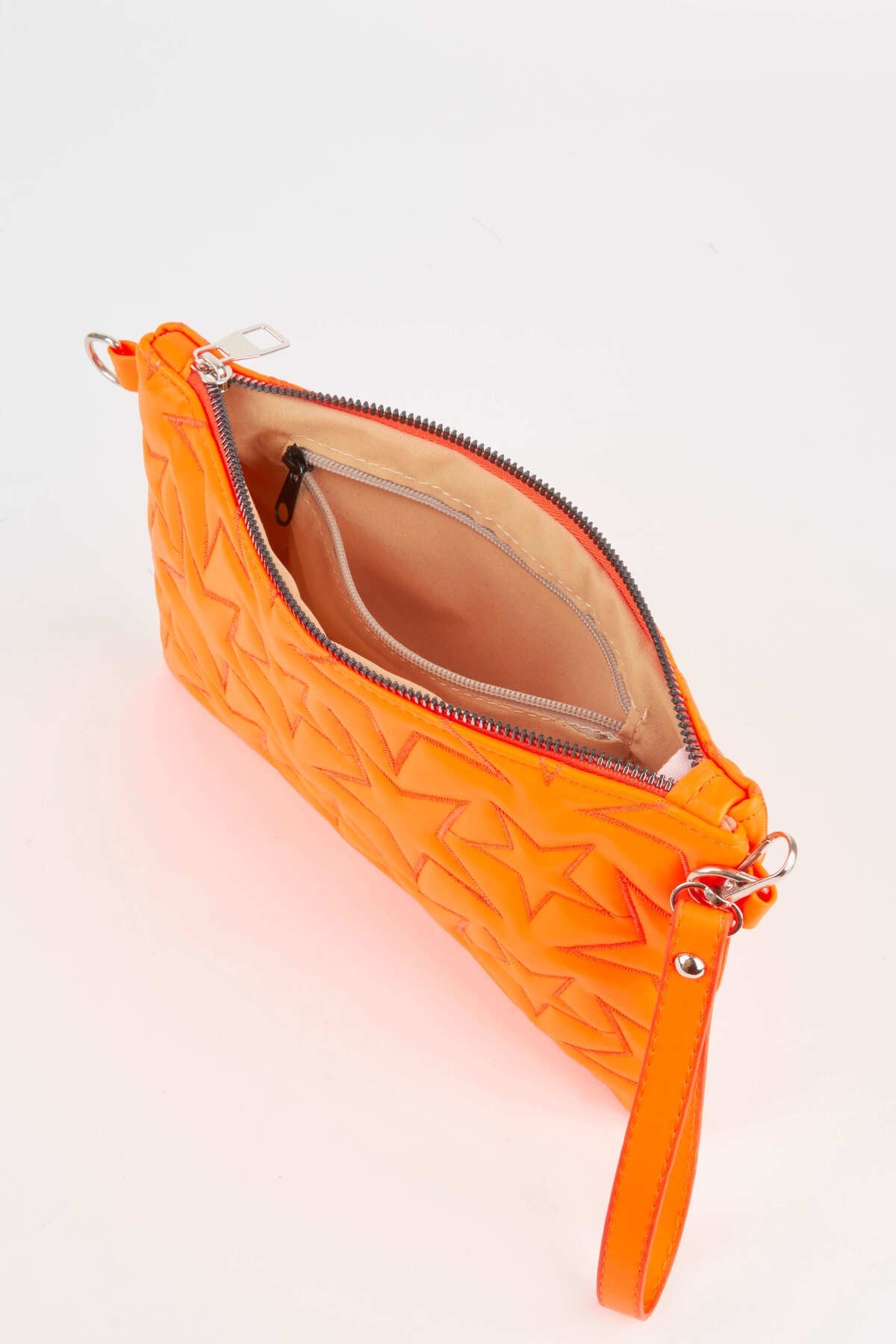 Kadın Neon Turuncu Yıldız Nakışlı Suni Deri Bilek Ve Zincir Askılı Portföy El Ve Clutch Çanta