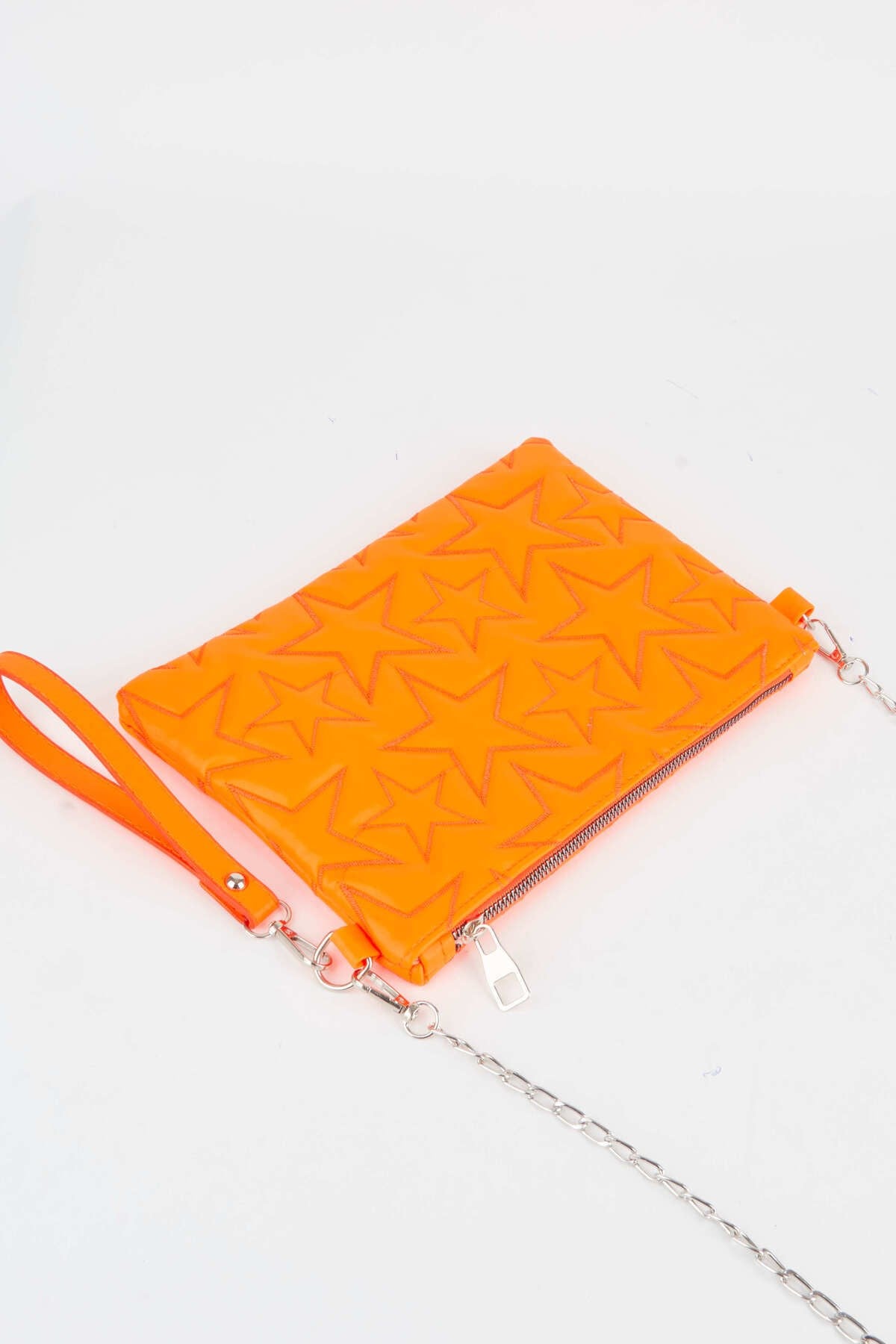 Kadın Neon Turuncu Yıldız Nakışlı Suni Deri Bilek Ve Zincir Askılı Portföy El Ve Clutch Çanta