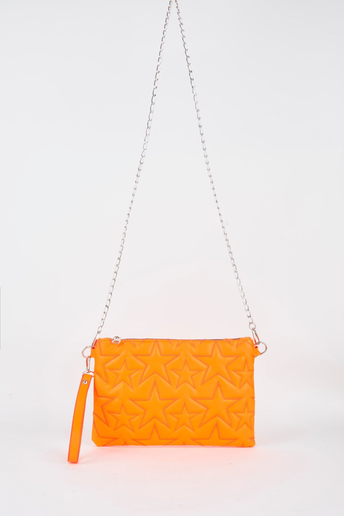 Kadın Neon Turuncu Yıldız Nakışlı Suni Deri Bilek Ve Zincir Askılı Portföy El Ve Clutch Çanta