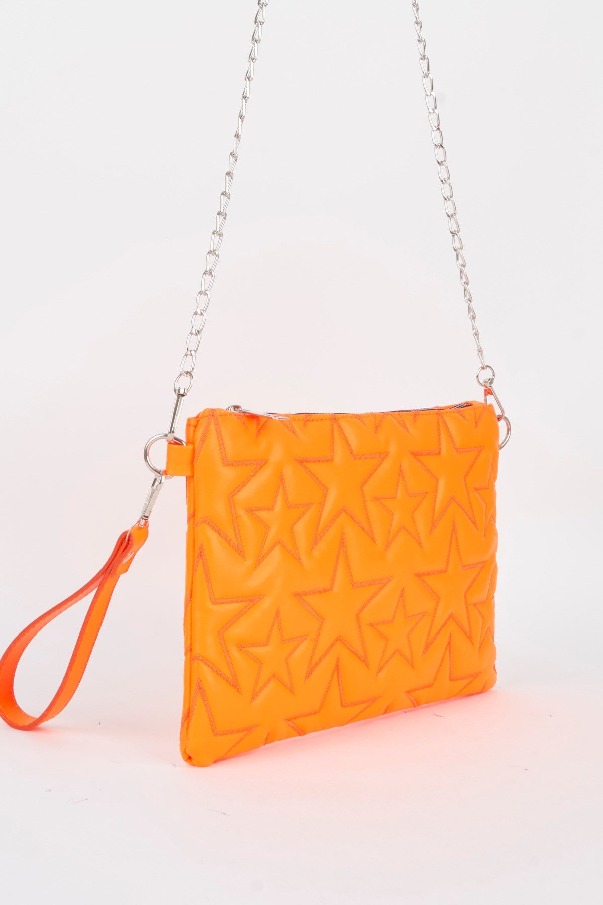 Kadın Neon Turuncu Yıldız Nakışlı Suni Deri Bilek Ve Zincir Askılı Portföy El Ve Clutch Çanta