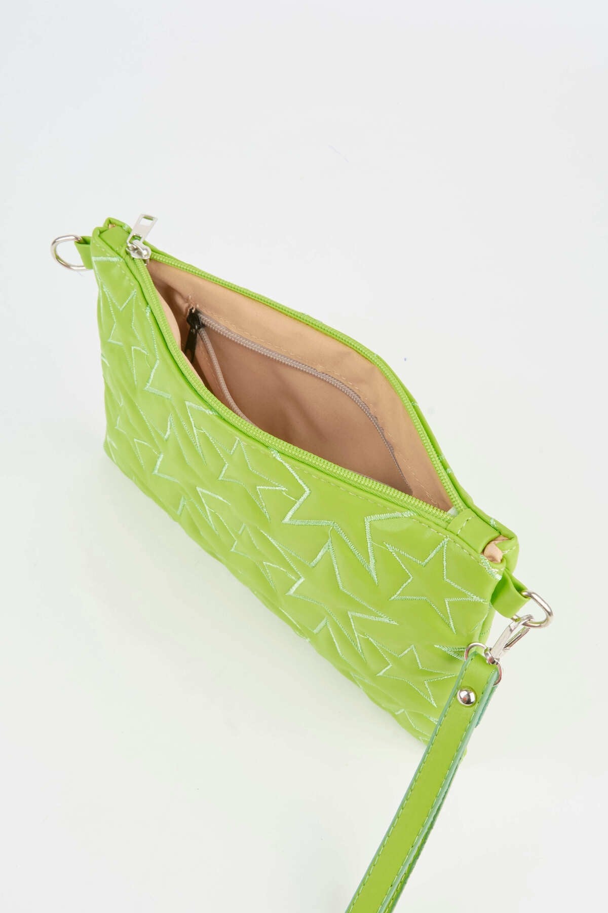 Kadın Neon Yeşil Yıldız Nakışlı Suni Deri Bilek Ve Zincir Askılı Portföy El Ve Clutch Çanta