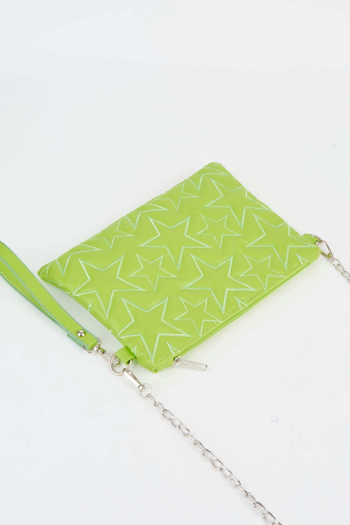 Kadın Neon Yeşil Yıldız Nakışlı Suni Deri Bilek Ve Zincir Askılı Portföy El Ve Clutch Çanta