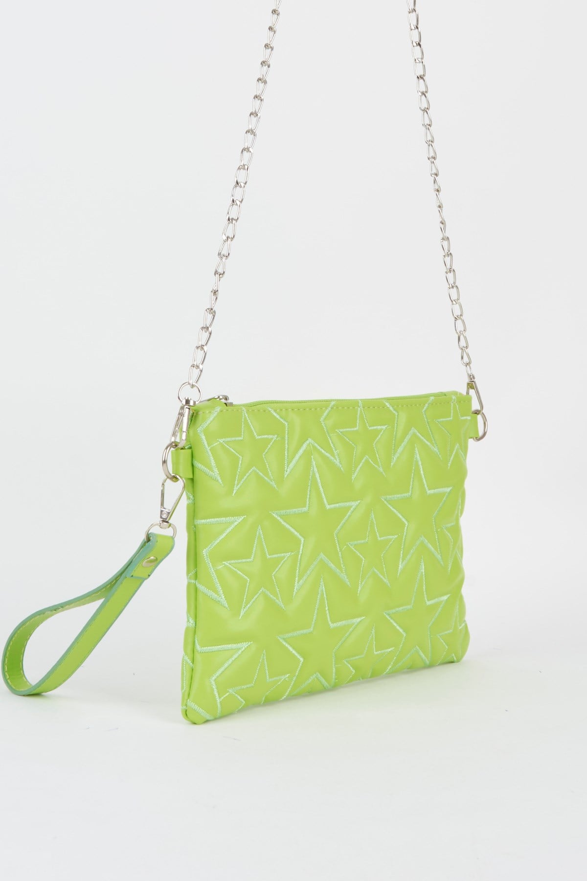 Kadın Neon Yeşil Yıldız Nakışlı Suni Deri Bilek Ve Zincir Askılı Portföy El Ve Clutch Çanta