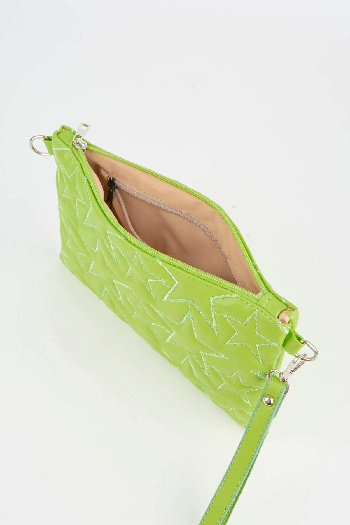 Kadın Neon Yeşil Yıldız Nakışlı Suni Deri Bilek Ve Zincir Askılı Portföy El Ve Clutch Çanta