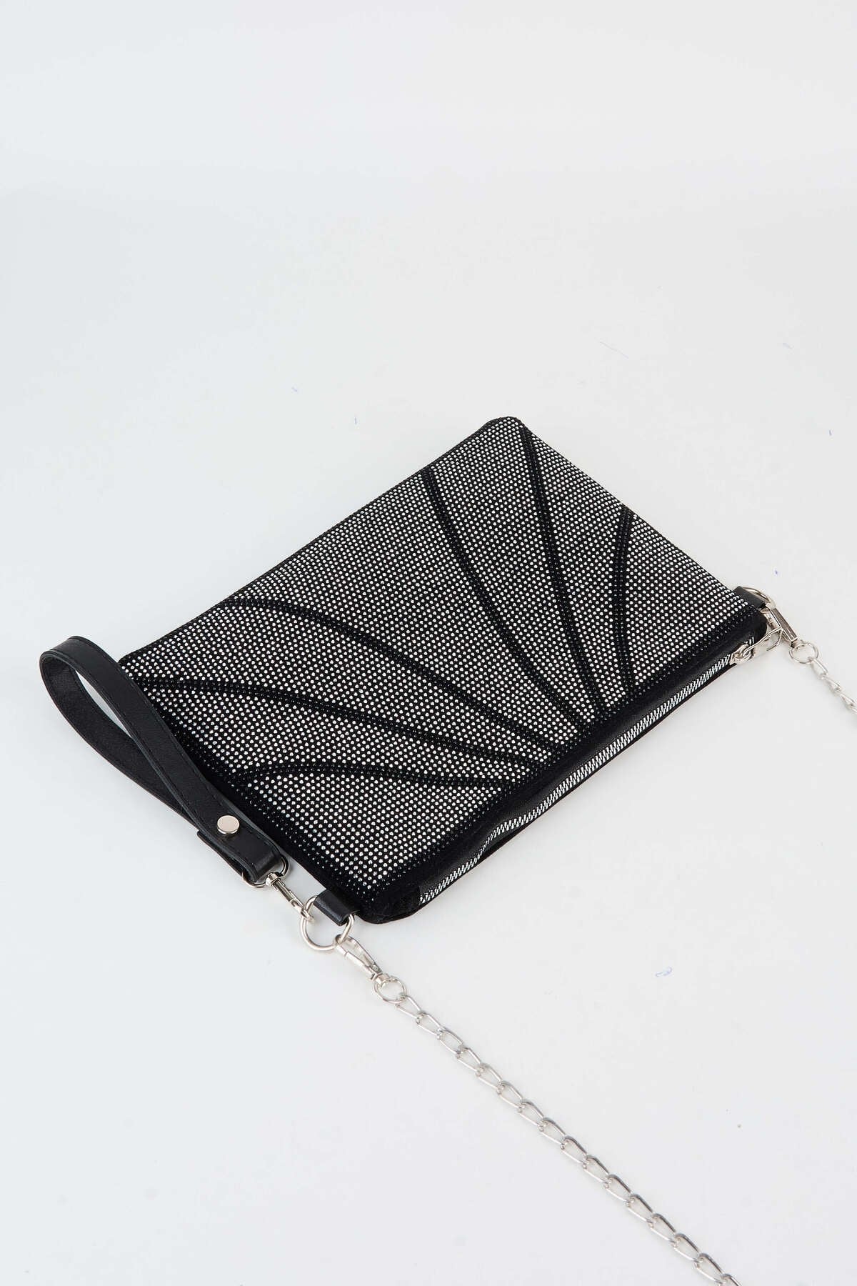 Kadın Parça Gümüş Taşlı Süet Bilek Askılı Ve Zincir Askılı Portföy El Ve Clutch Çanta