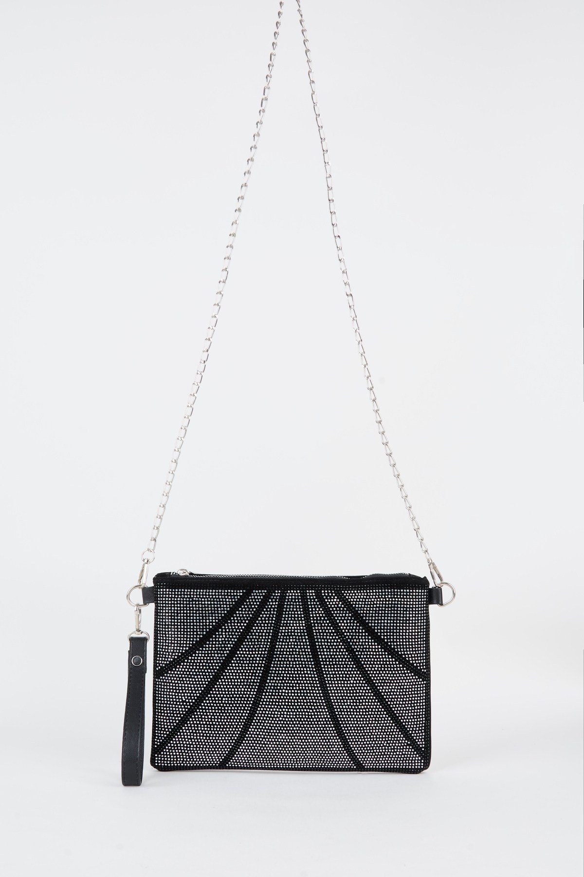 Kadın Parça Gümüş Taşlı Süet Bilek Askılı Ve Zincir Askılı Portföy El Ve Clutch Çanta