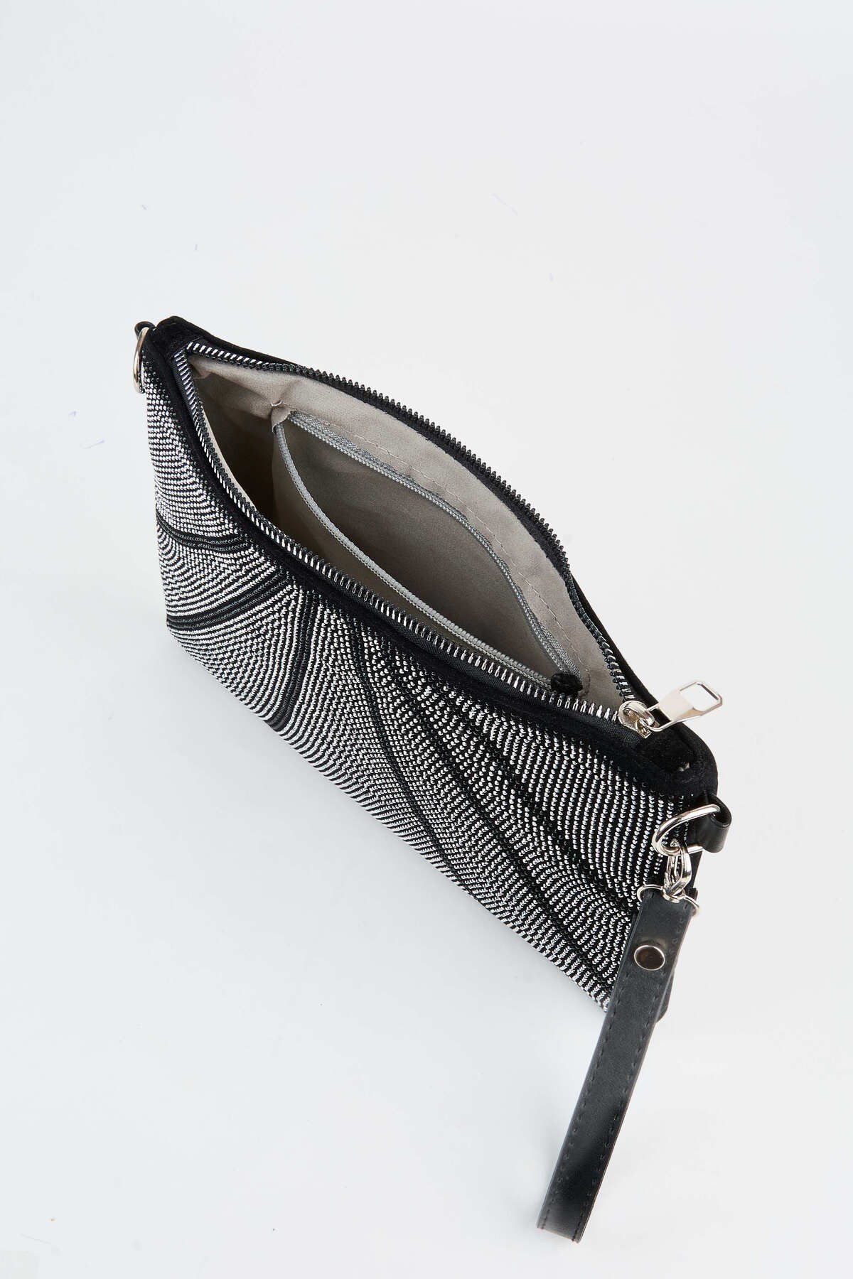 Kadın Parça Gümüş Taşlı Süet Bilek Askılı Ve Zincir Askılı Portföy El Ve Clutch Çanta