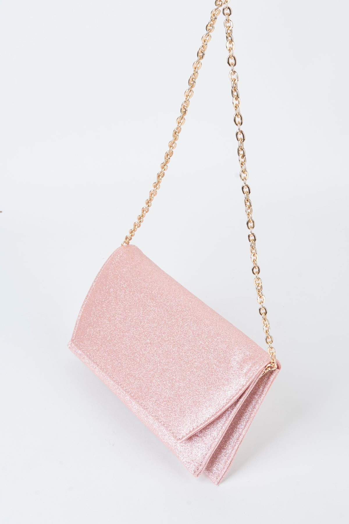 Kadın Pembe Simli Zarf Tasarım 2 Bölmeli Mini Zincir Askılı Çıt Çıt Kapama Clutch Ve El Çantası