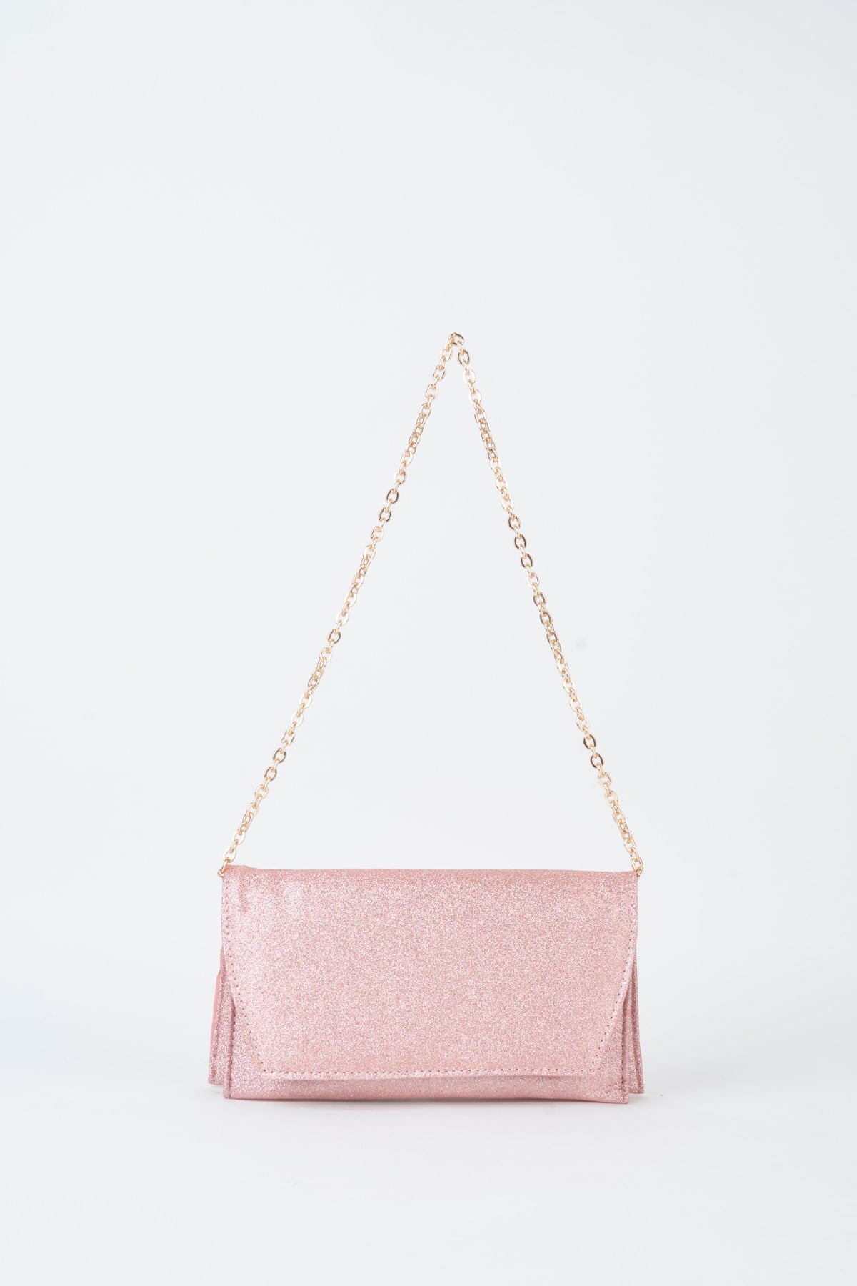 Kadın Pembe Simli Zarf Tasarım 2 Bölmeli Mini Zincir Askılı Çıt Çıt Kapama Clutch Ve El Çantası