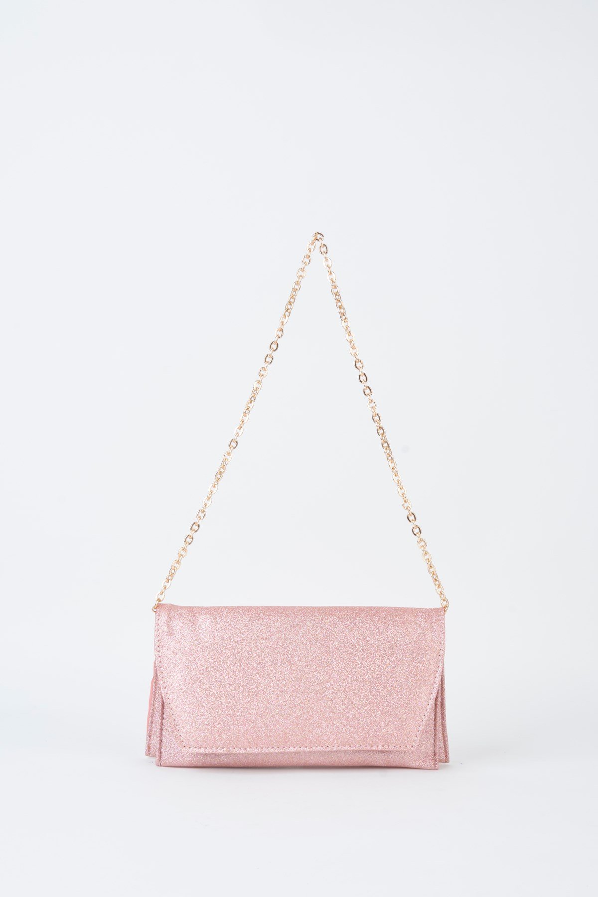 Kadın Pembe Simli Zarf Tasarım 2 Bölmeli Mini Zincir Askılı Çıt Çıt Kapama Clutch Ve El Çantası
