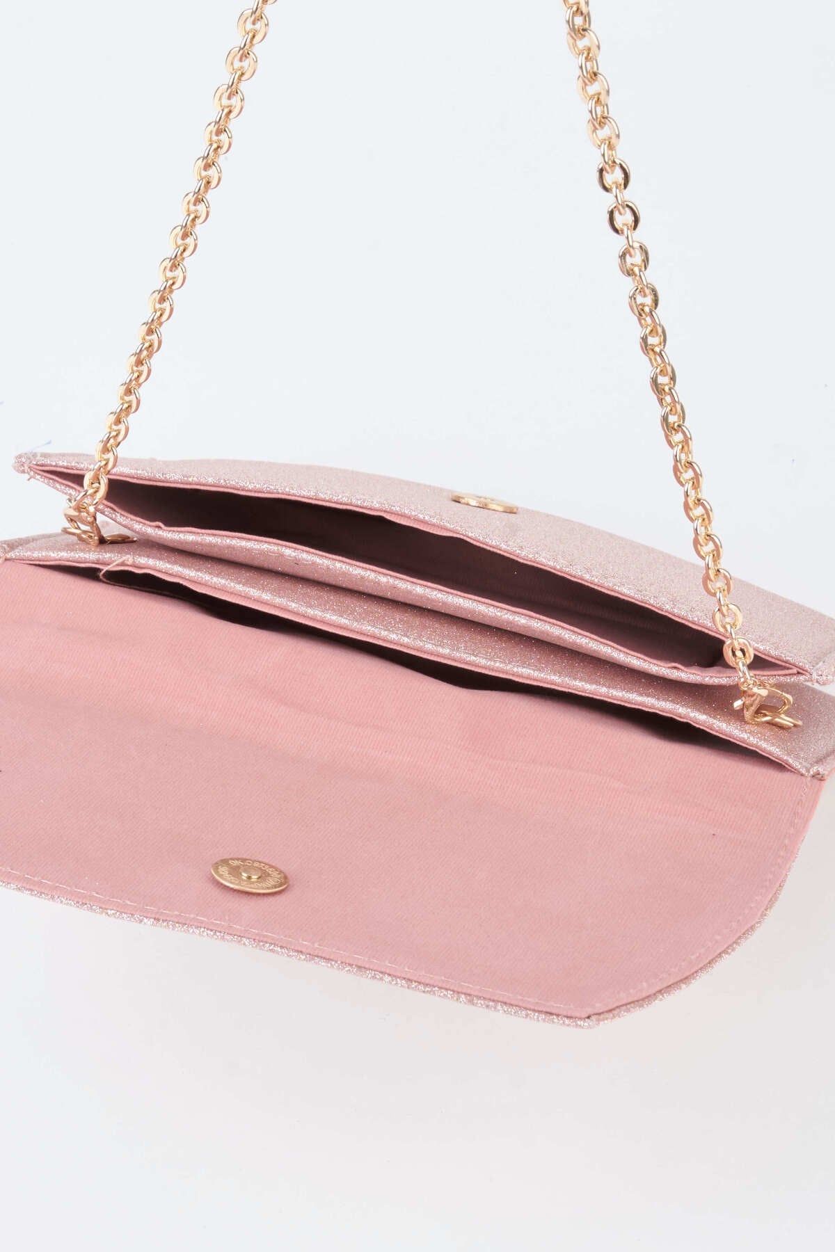 Kadın Pembe Simli Zarf Tasarım 2 Bölmeli Mini Zincir Askılı Çıt Çıt Kapama Clutch Ve El Çantası