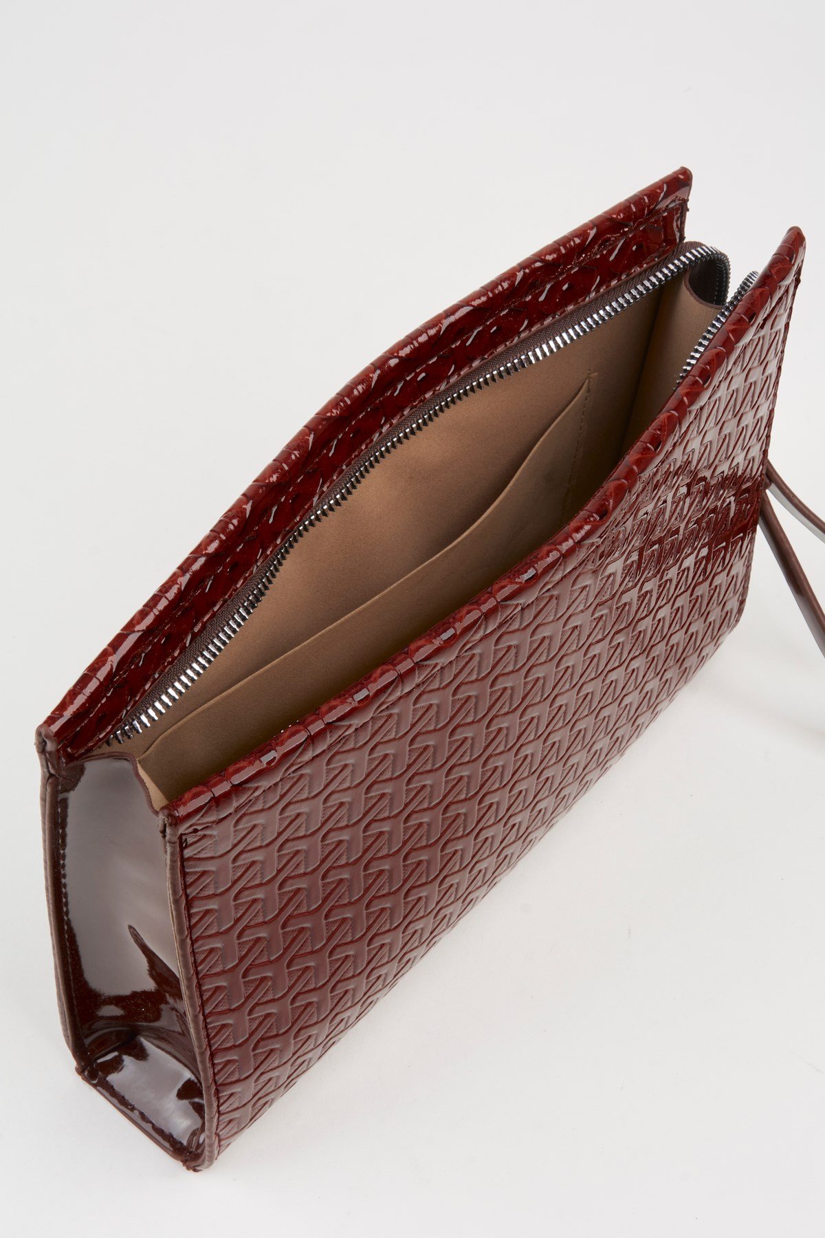 Kadın Petunya Dokulu Acı Kahve Astarlı Suni Deri Bilek Askılı Portföy El Ve Clutch Çanta