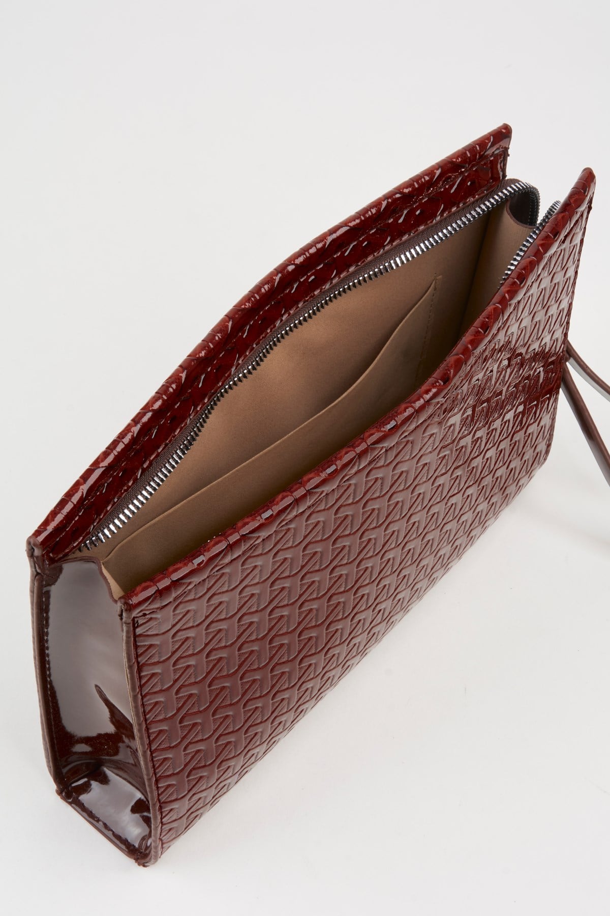Kadın Petunya Dokulu Acı Kahve Astarlı Suni Deri Bilek Askılı Portföy El Ve Clutch Çanta