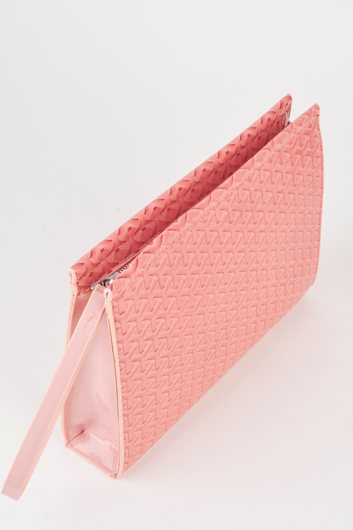 Kadın Petunya Dokulu Pudra Astarlı Suni Deri Bilek Askılı Portföy El Ve Clutch Çanta