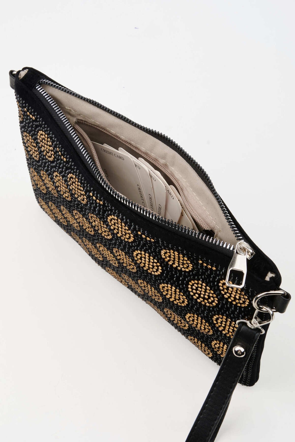 Kadın Puantiyeli Altın Taşlı Süet Bilek Askılı Ve Zincir Askılı Portföy El Ve Clutch Çanta