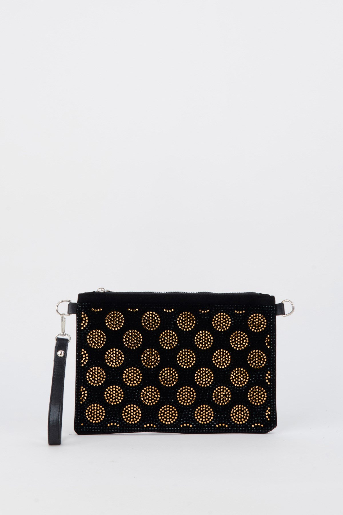 Kadın Puantiyeli Altın Taşlı Süet Bilek Askılı Ve Zincir Askılı Portföy El Ve Clutch Çanta