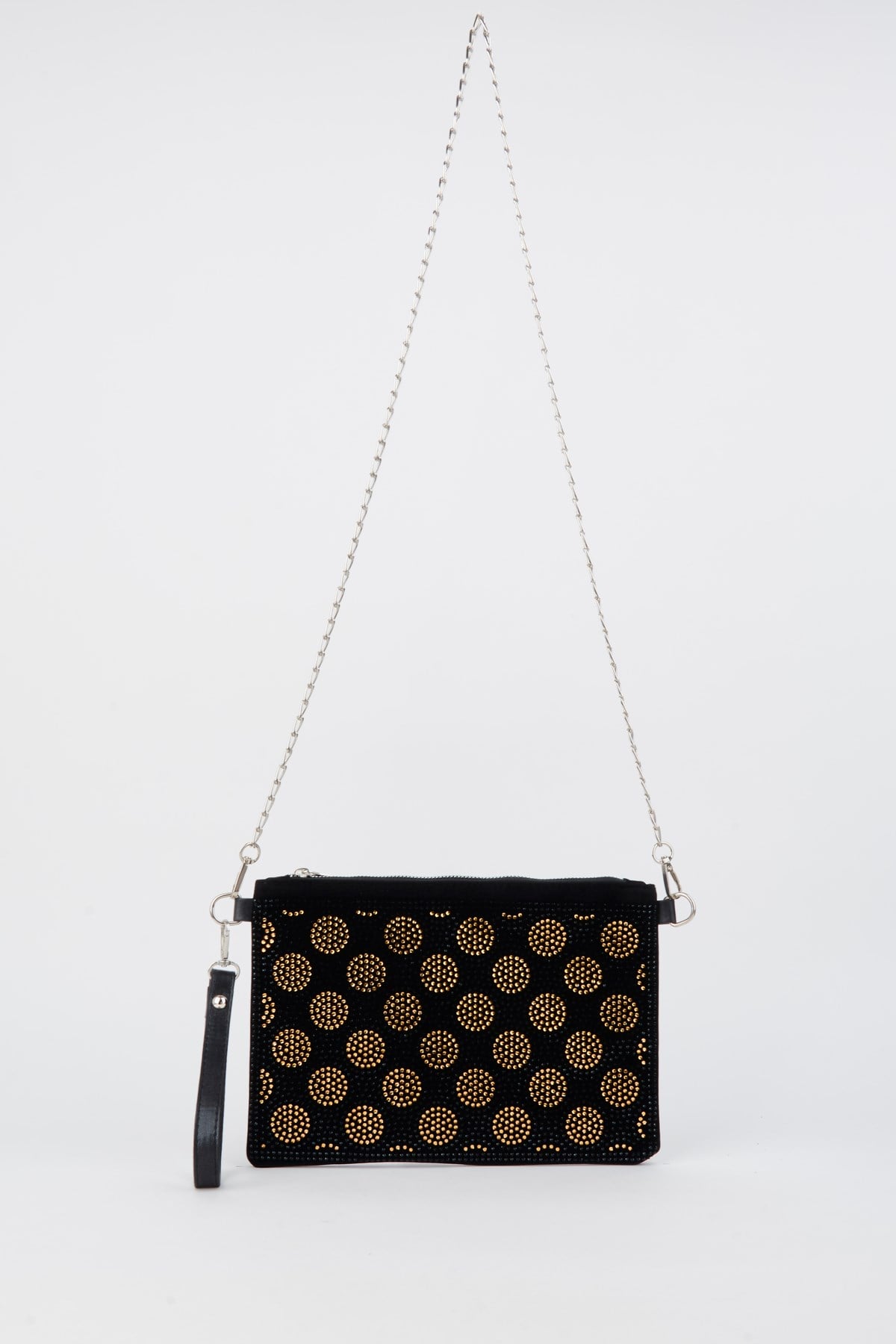 Kadın Puantiyeli Altın Taşlı Süet Bilek Askılı Ve Zincir Askılı Portföy El Ve Clutch Çanta