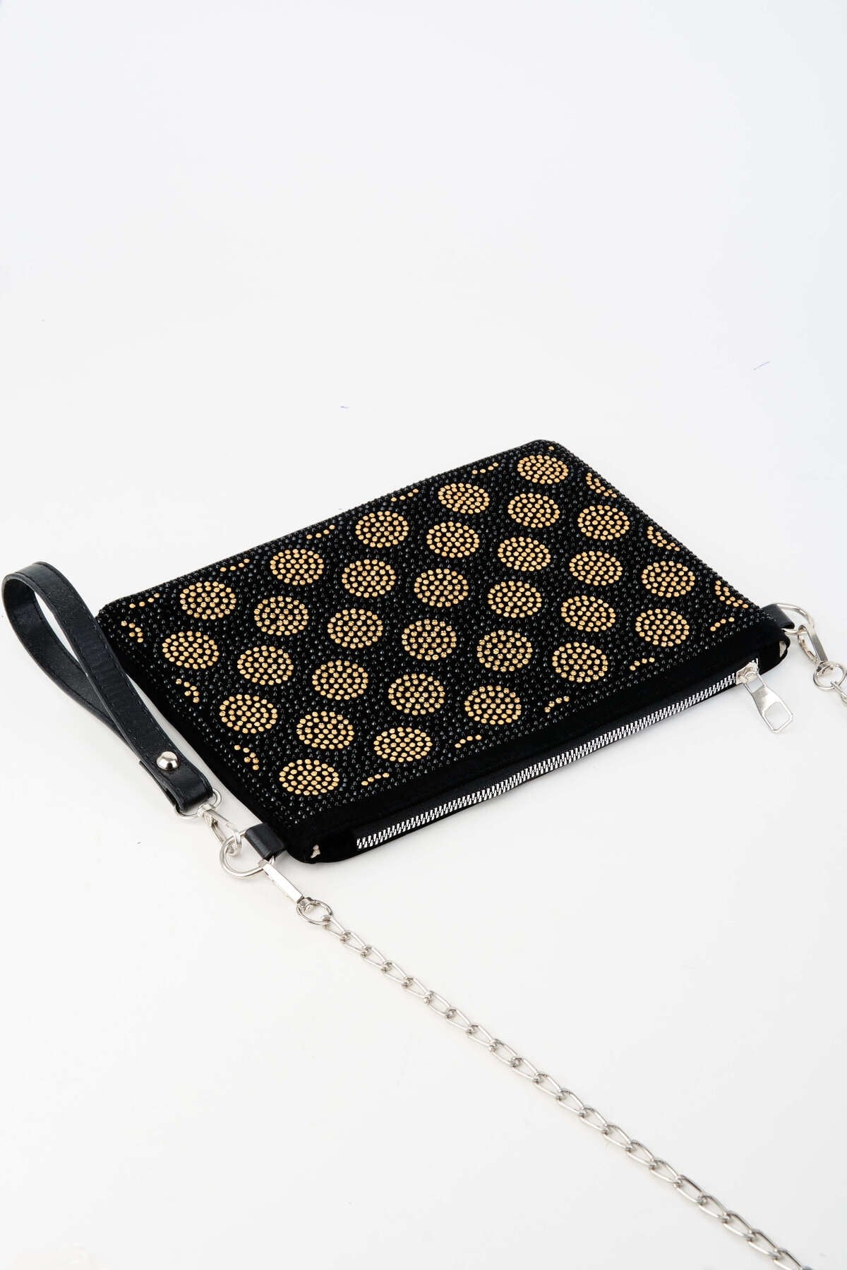 Kadın Puantiyeli Altın Taşlı Süet Bilek Askılı Ve Zincir Askılı Portföy El Ve Clutch Çanta