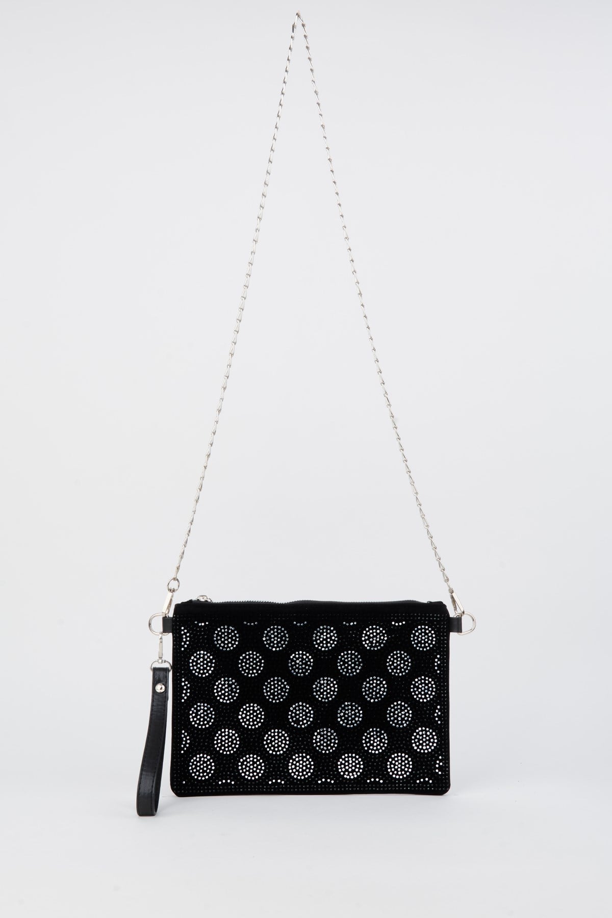 Kadın Puantiyeli Gümüş Taşlı Süet Bilek Askılı Ve Zincir Askılı Portföy Ve Clutch Çanta