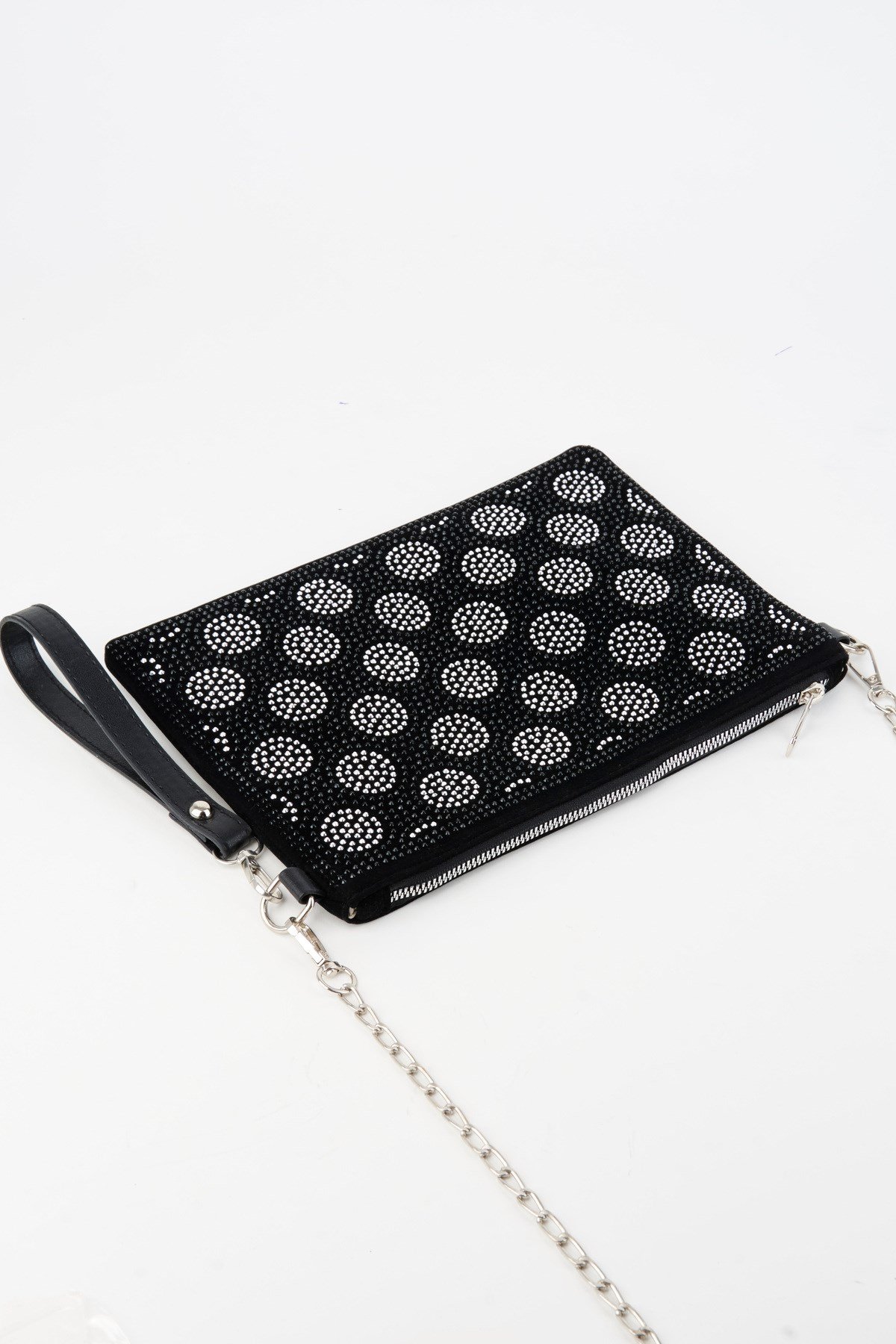 Kadın Puantiyeli Gümüş Taşlı Süet Bilek Askılı Ve Zincir Askılı Portföy Ve Clutch Çanta